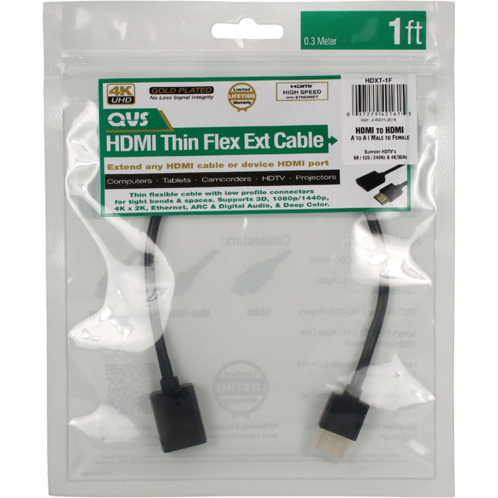 QVS HDXT-0.5F 0.5ft High Speed HDMI UltraHD 4K Extension Cable, Thin Flexible Ethernet