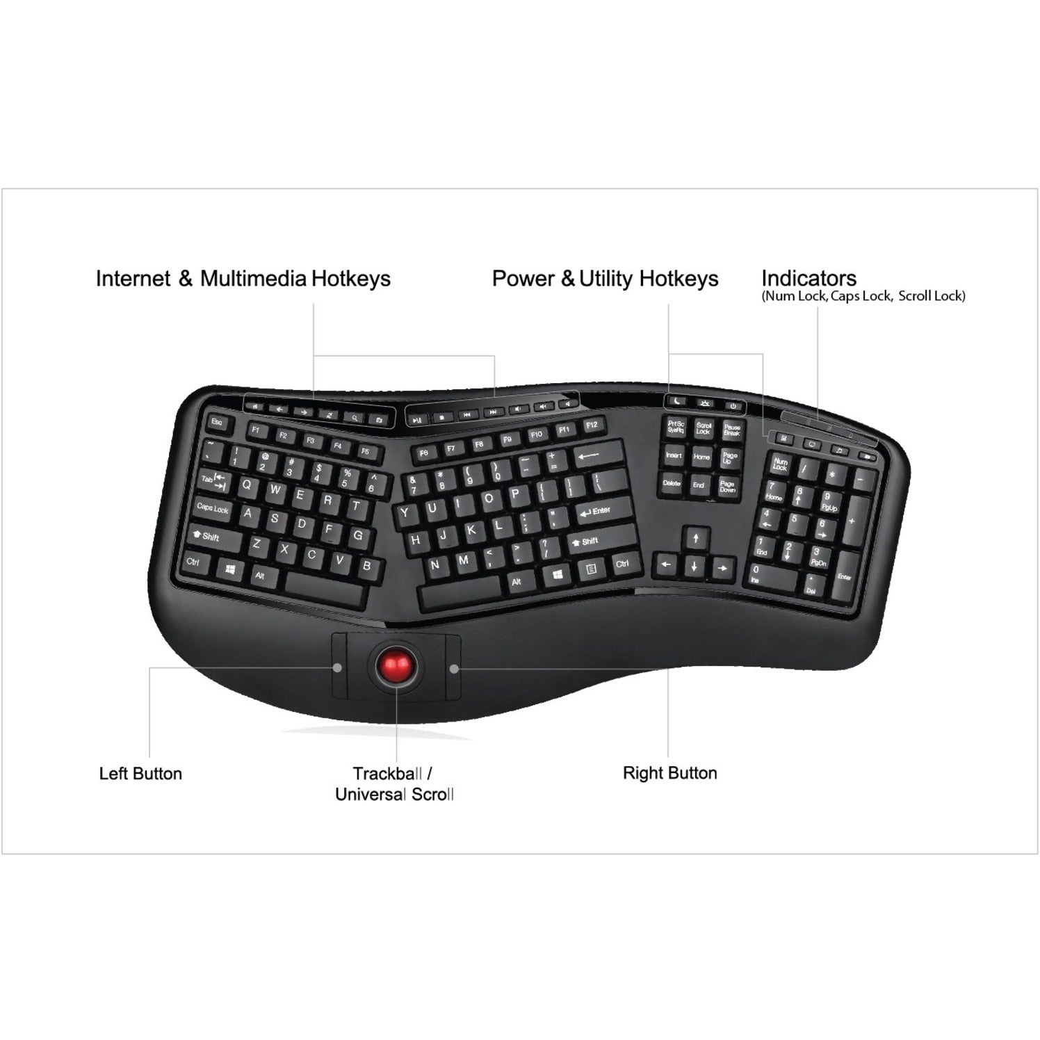 Adesso WKB-3500UB Tru-Form 2.4 GHz Wireless Ergonomic Trackball Keyboard, Split Layout, Palm Rest