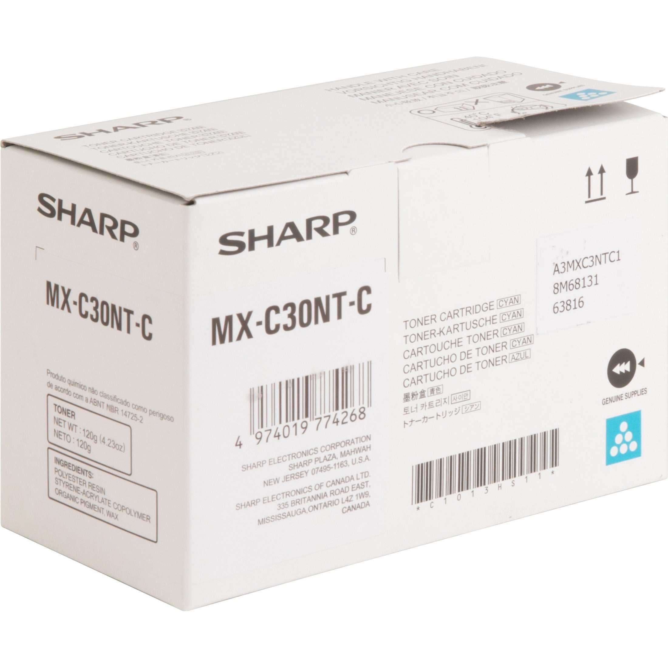 Sharp MXC30NTC Cyan Toner Cartridge, 6000 Page Yield, for MX-C300