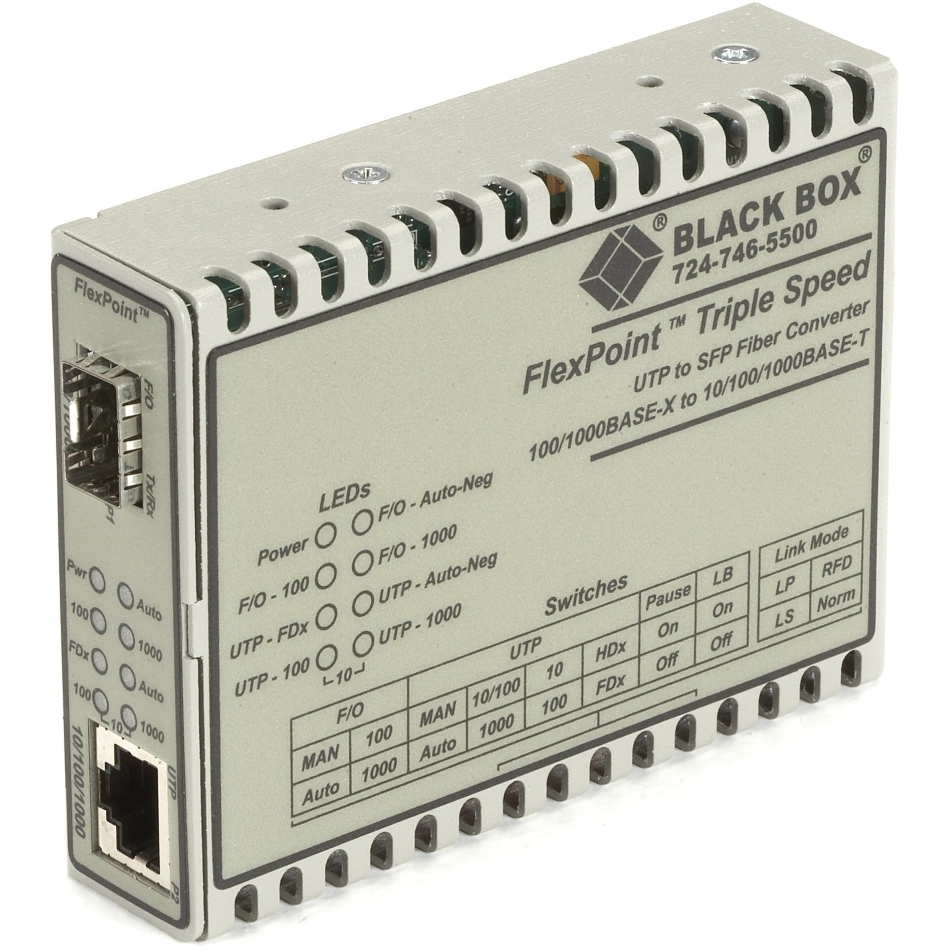 Black Box LMC1017A-SMST FlexPoint Transceiver/Media Converter, Single-mode, 10/100/1000Base-TX, 1000Base-LX, Gigabit Ethernet, 7.46 Mile