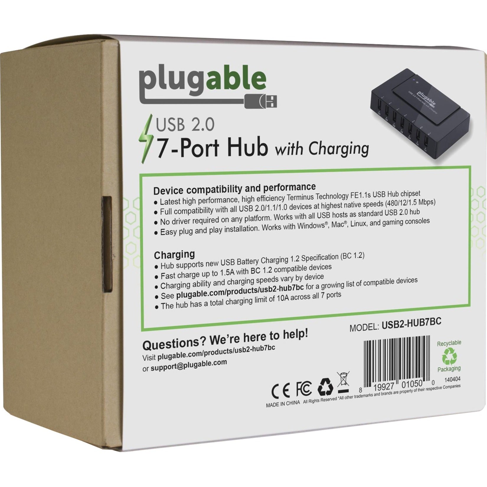 Plugable USB2-HUB7BC USB 2.0 7-Port High Speed Charging Hub, Fast Charging for Multiple Devices [Discontinued]