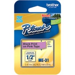 Brother ME31 P-Touch Black on Pink Tape, Durable, Non-perforated, Adhesive, 1/2" Label Width