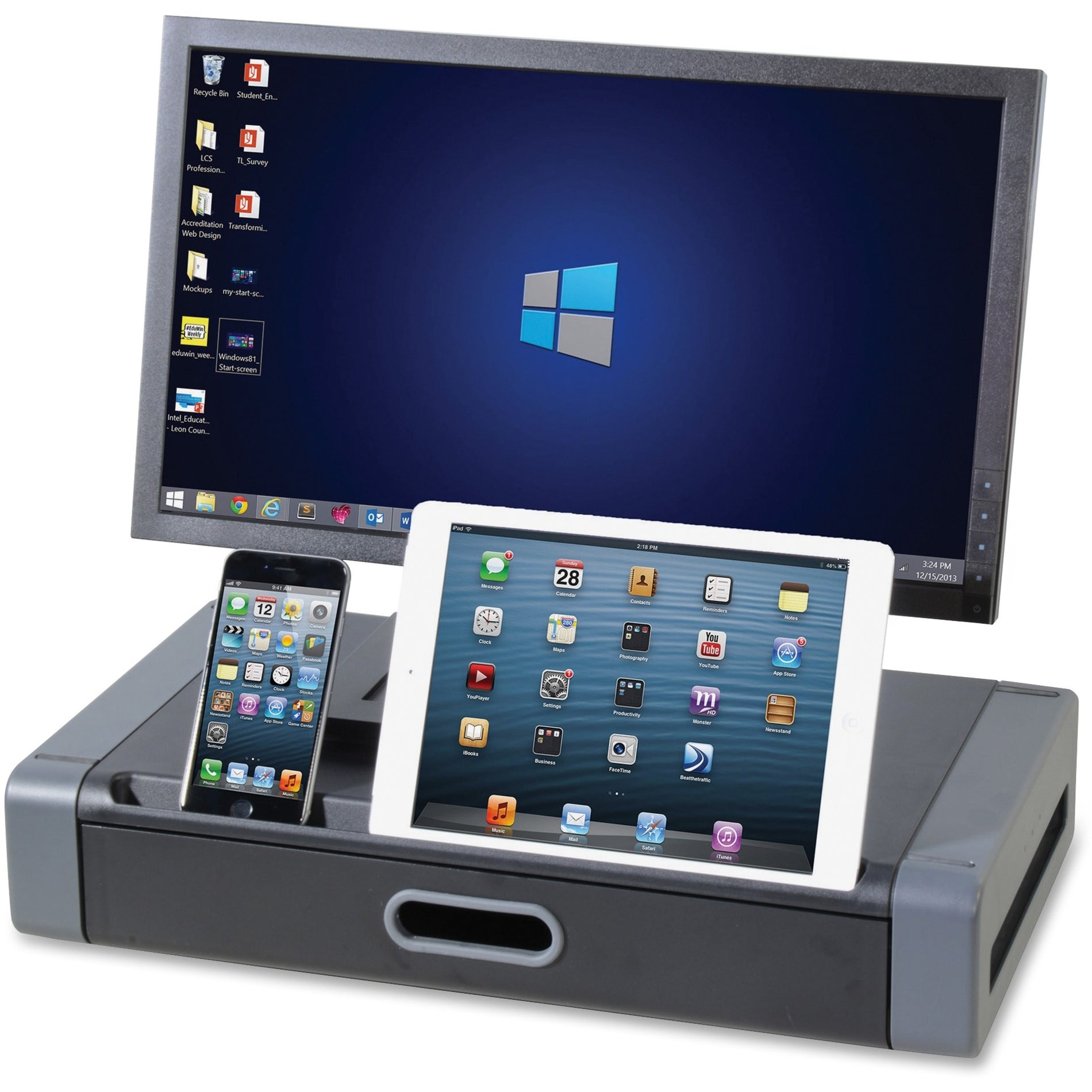 Kantek MS760 Monitor Riser, Tablet Slot, Black/Gray