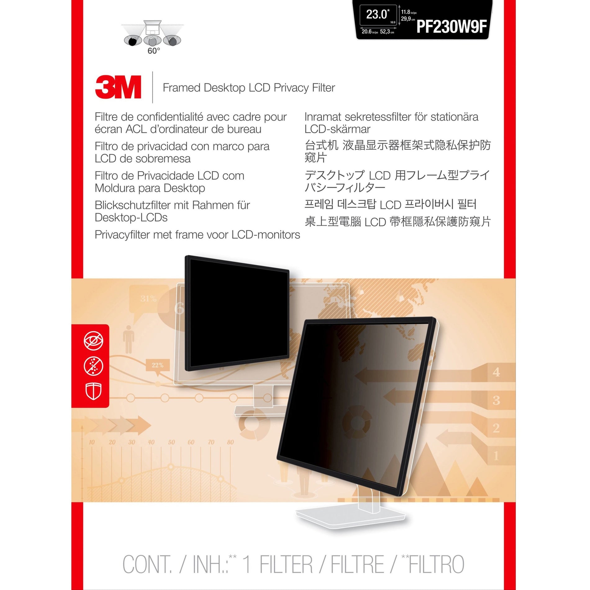 3M PF230W9F Framed Privacy Filter Black, 23" Widescreen, Easy Application