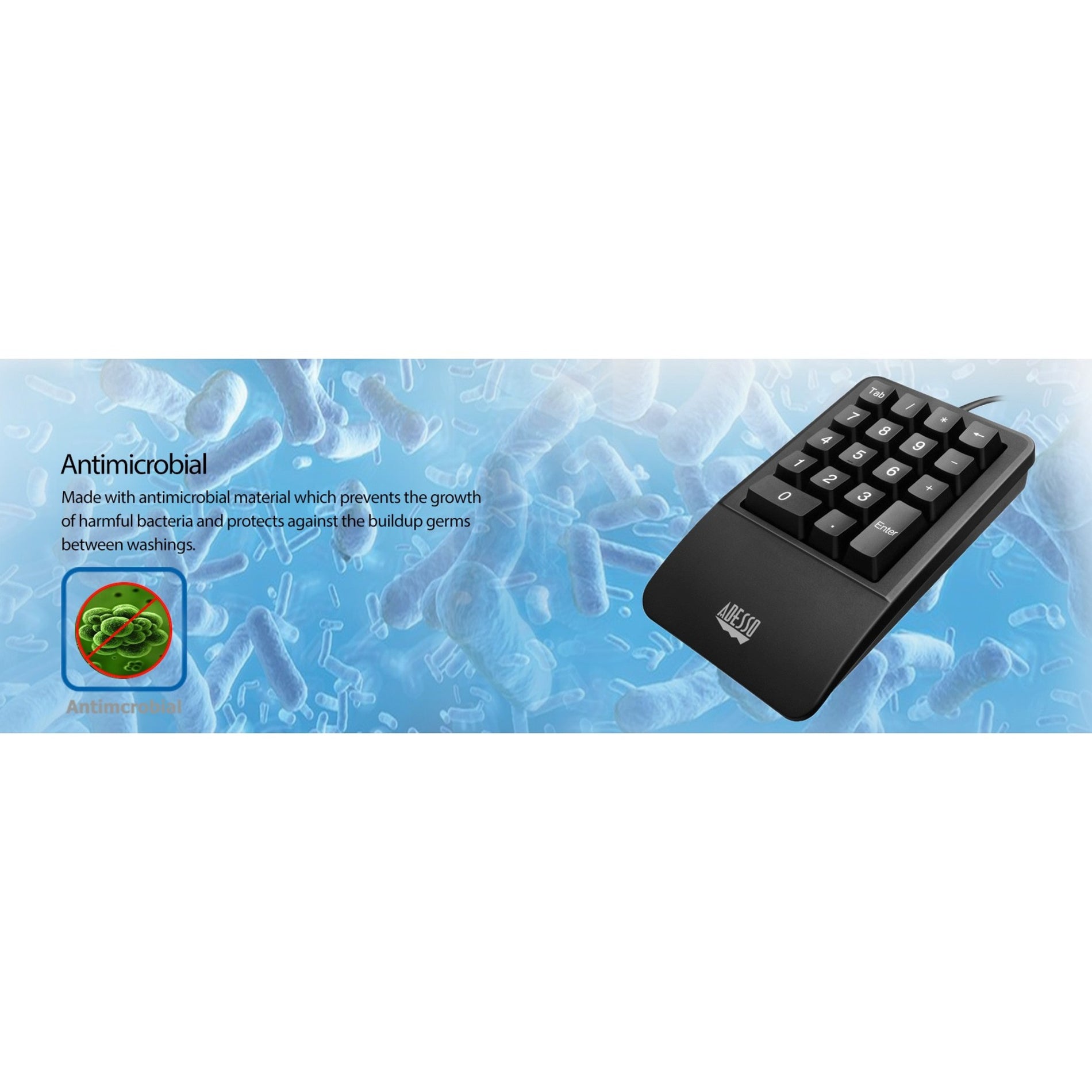 Adesso AKB-618UB Antimicrobial Waterproof Numeric Keypad with Wrist Rest Support, Ergonomic Design, Spill Proof, and Quiet Keys