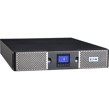 Front view of Eaton 9PX 3000VA rack-mount UPS showing LCD display and ventilated front panels-alternate-image1