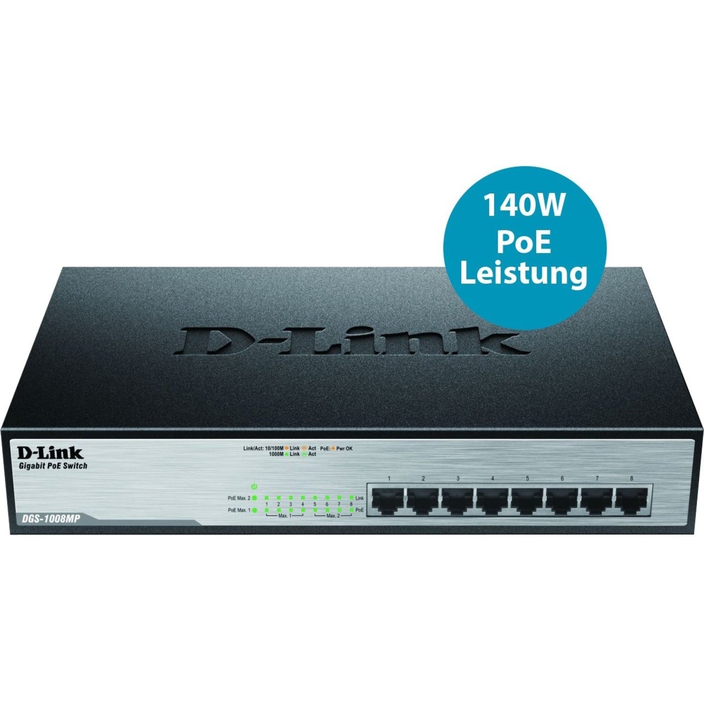 D-Link DGS-1008MP 8-Ports Gigabit Unmanaged Switch with 8 PoE Ports - 802.3at Support, Rack Mount