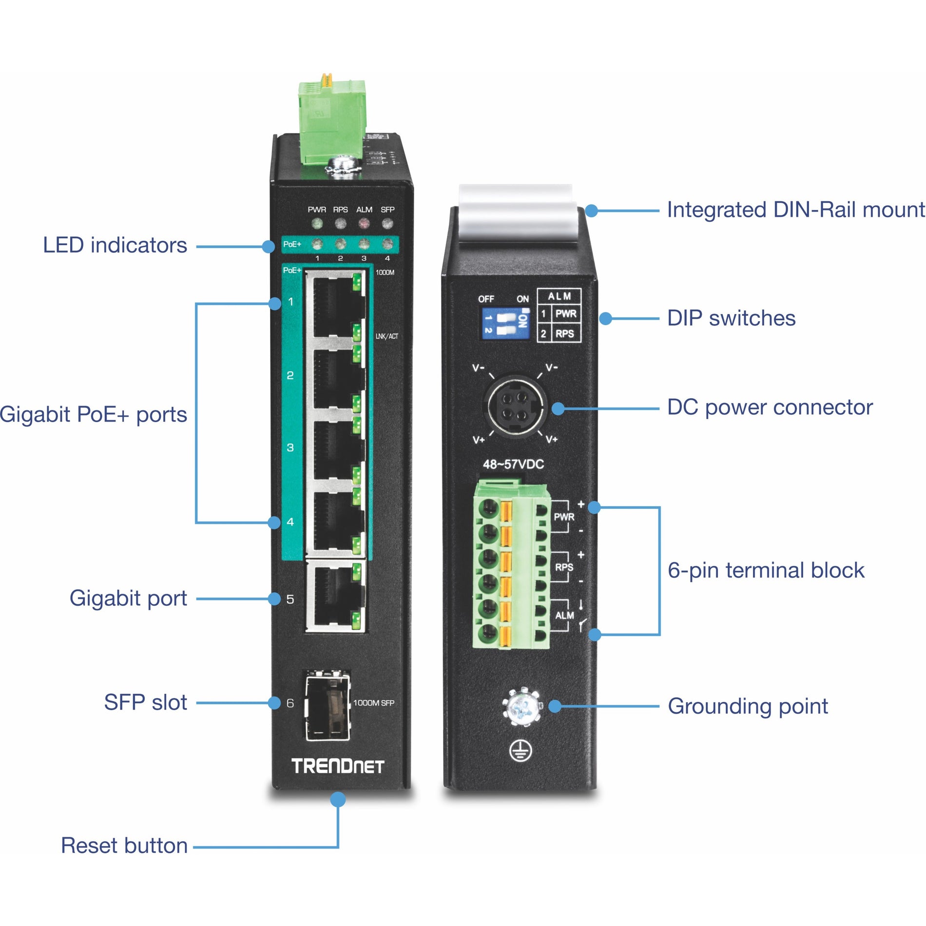 TRENDnet TI-PG541i 6-port hardened Industrial Gigabit PoE+ Layer 2 Managed DIN-Rail Switch, TAA/NDAA Compliant, Lifetime Warranty