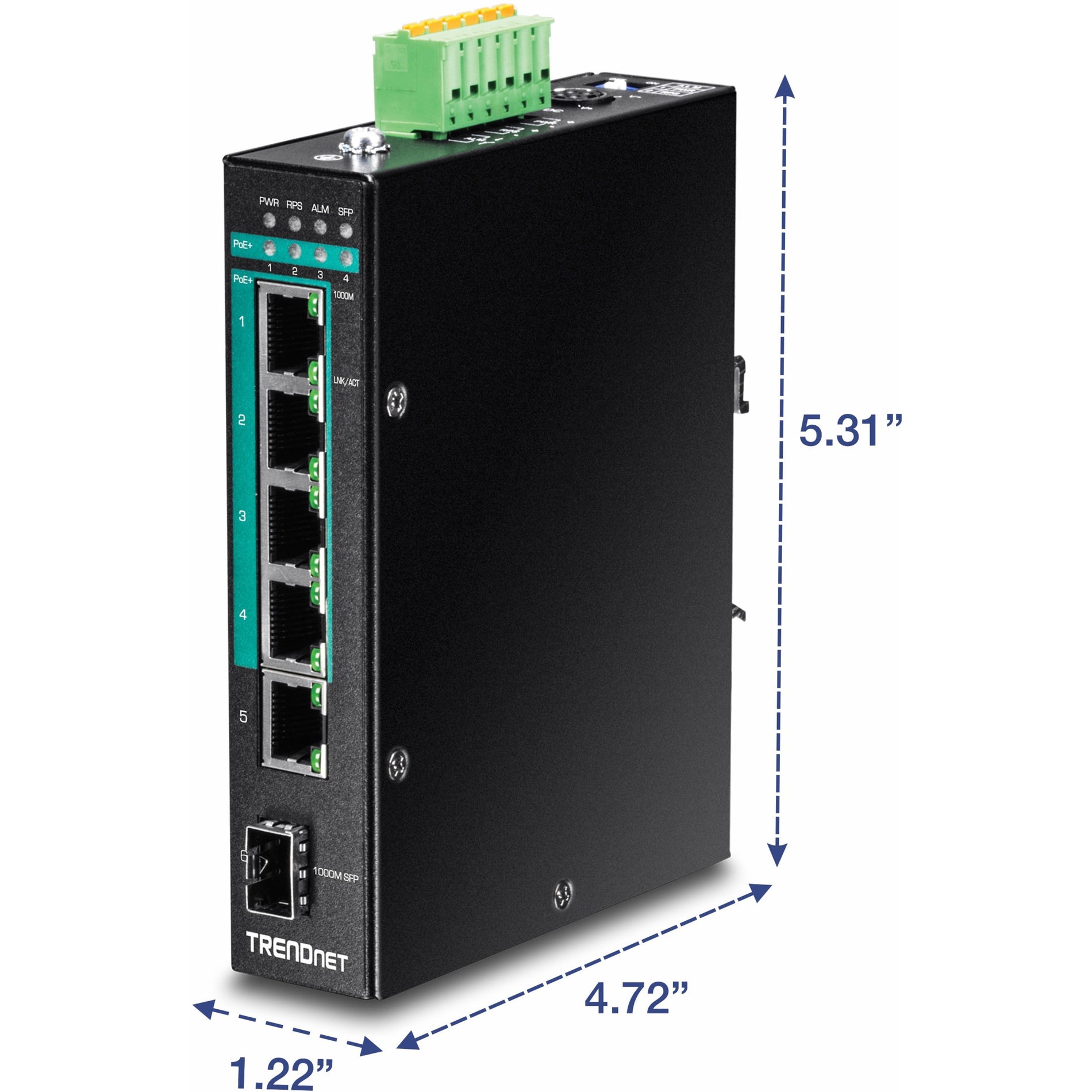 TRENDnet TI-PG541i 6-port hardened Industrial Gigabit PoE+ Layer 2 Managed DIN-Rail Switch, TAA/NDAA Compliant, Lifetime Warranty