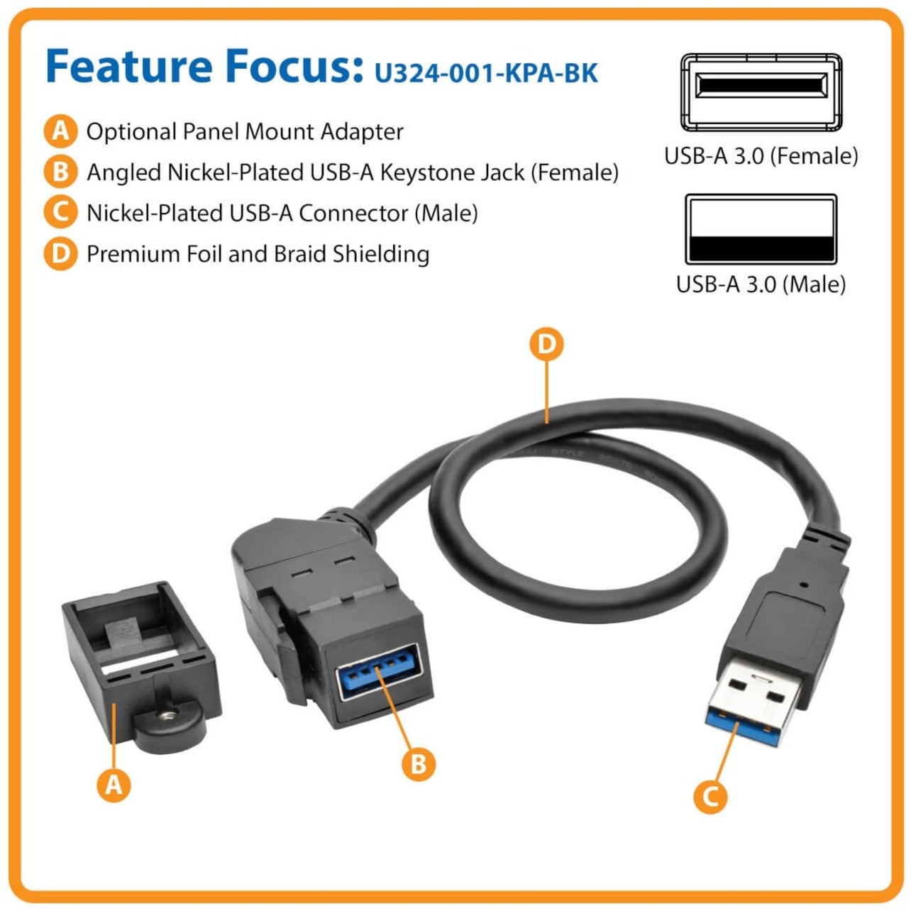 Tripp Lite U324-001-KPA-BK USB Extension Data Transfer Cable, 1 ft, Black