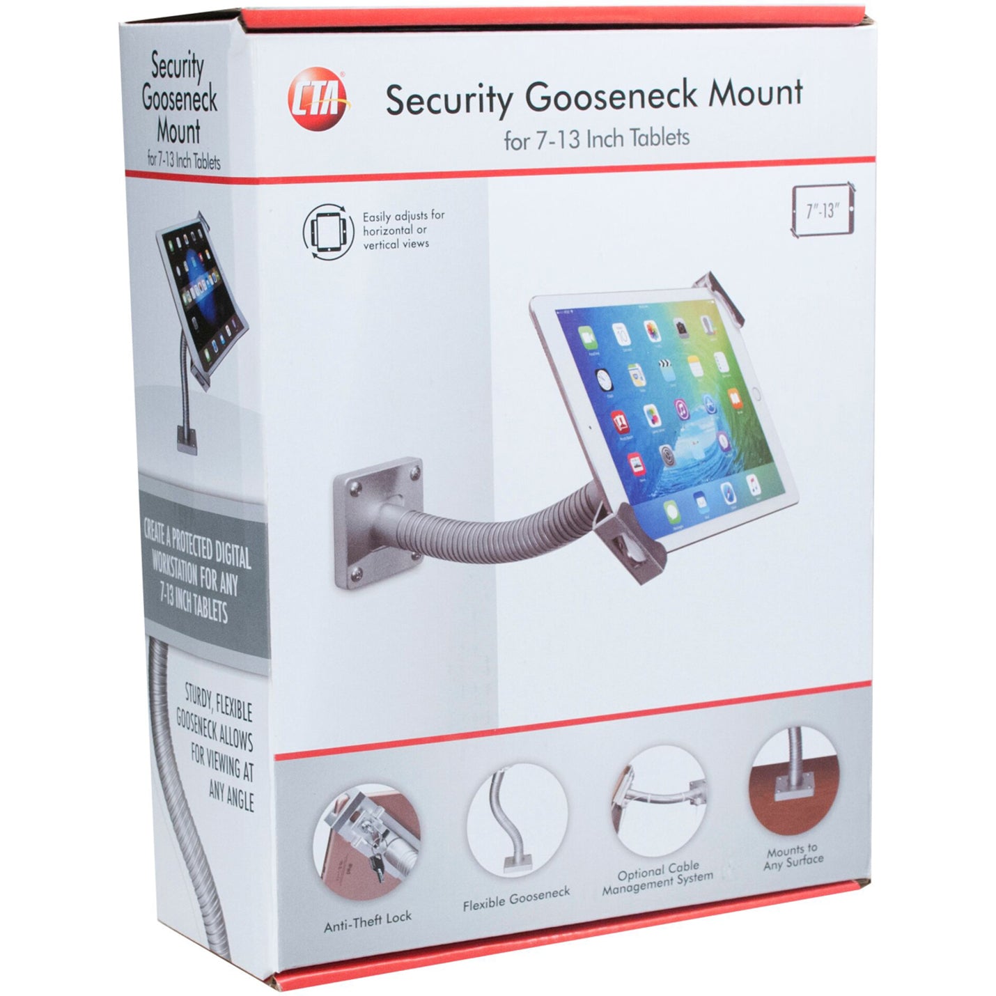 CTA Digital PAD-SGM Security Gooseneck Mount for 7-13 Inch Tablets, Sturdy and Flexible Wall Mount