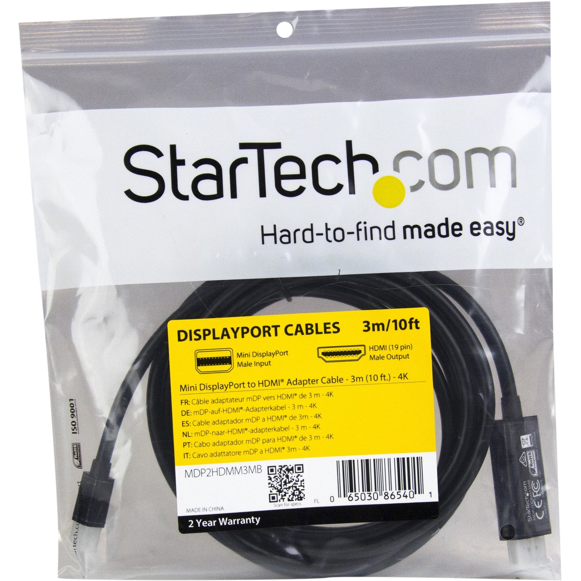StarTech.com MDP2HDMM3MB Mini DisplayPort to HDMI Adapter Cable - 4K 30Hz, 10 ft., Black