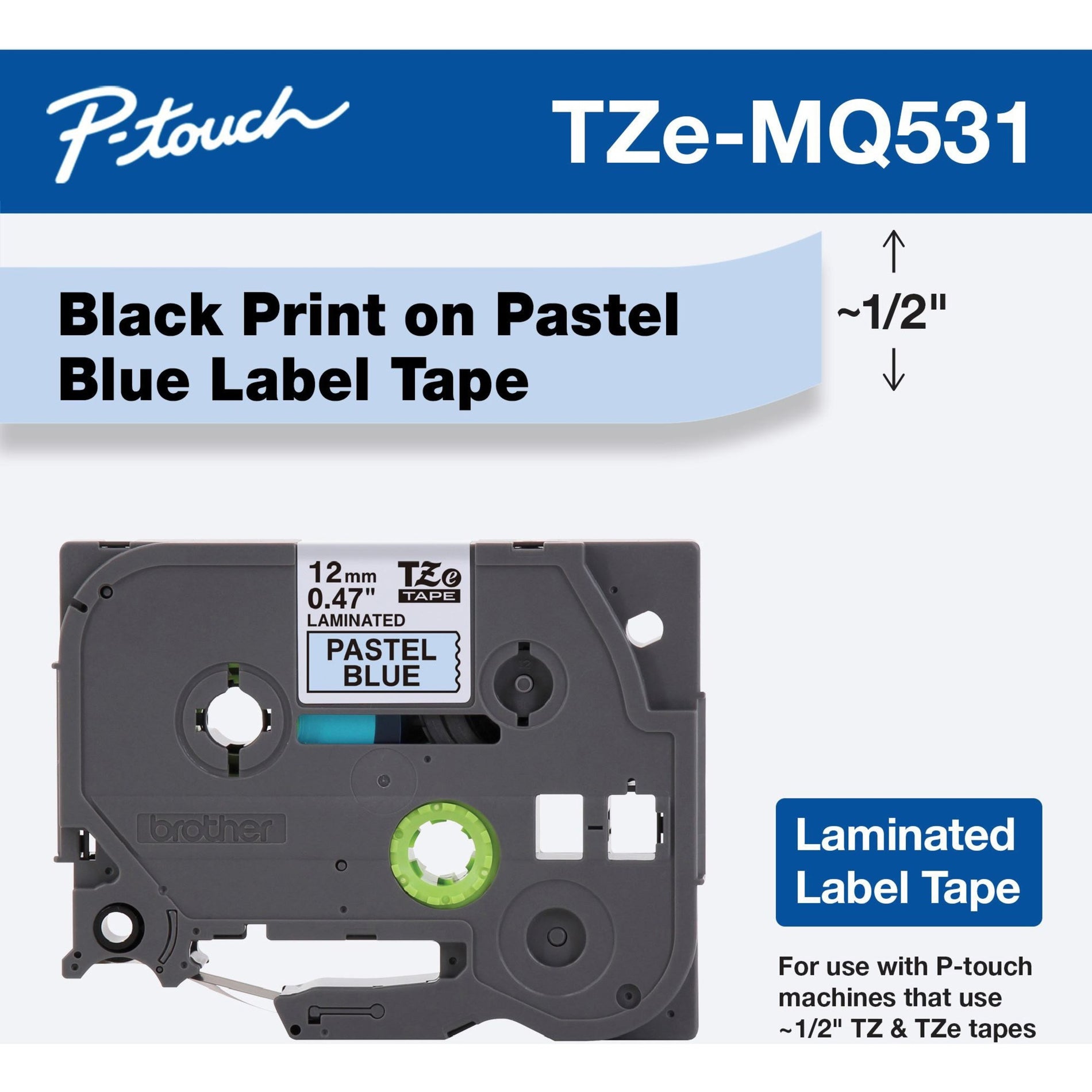Brother TZEMQ531 P-Touch TZe Laminated Tape, 12mm, Black/Pastel Blue, Durable, Spill Resistant, Abrasion Resistant, Eco-friendly
