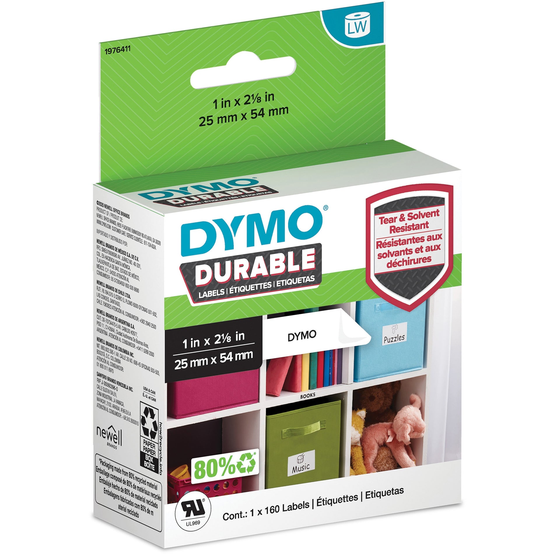 Dymo 1976411 LabelWriter Labels, 1"x2-1/8", 160/RL, White, Heat Resistant, Adhesive, Durable