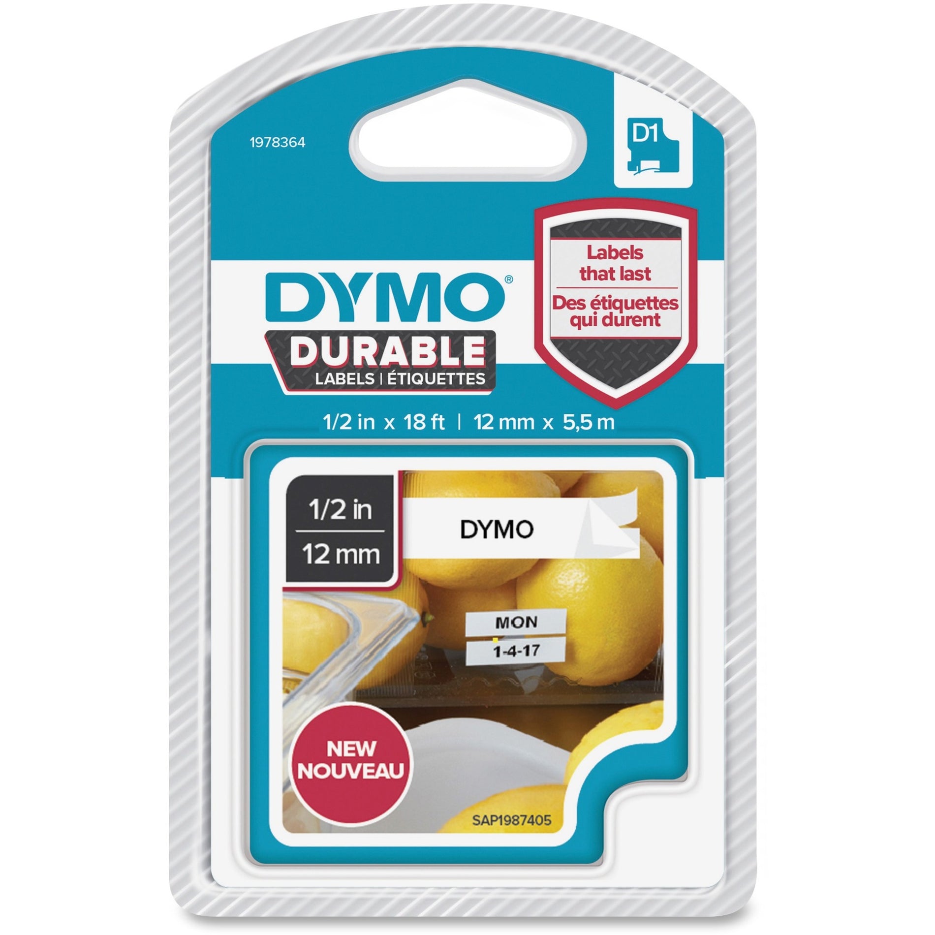 Dymo 1978364 D1 Durable Labels, Weather Resistant, Scratch Resistant, Fade Resistant, 1/2" White