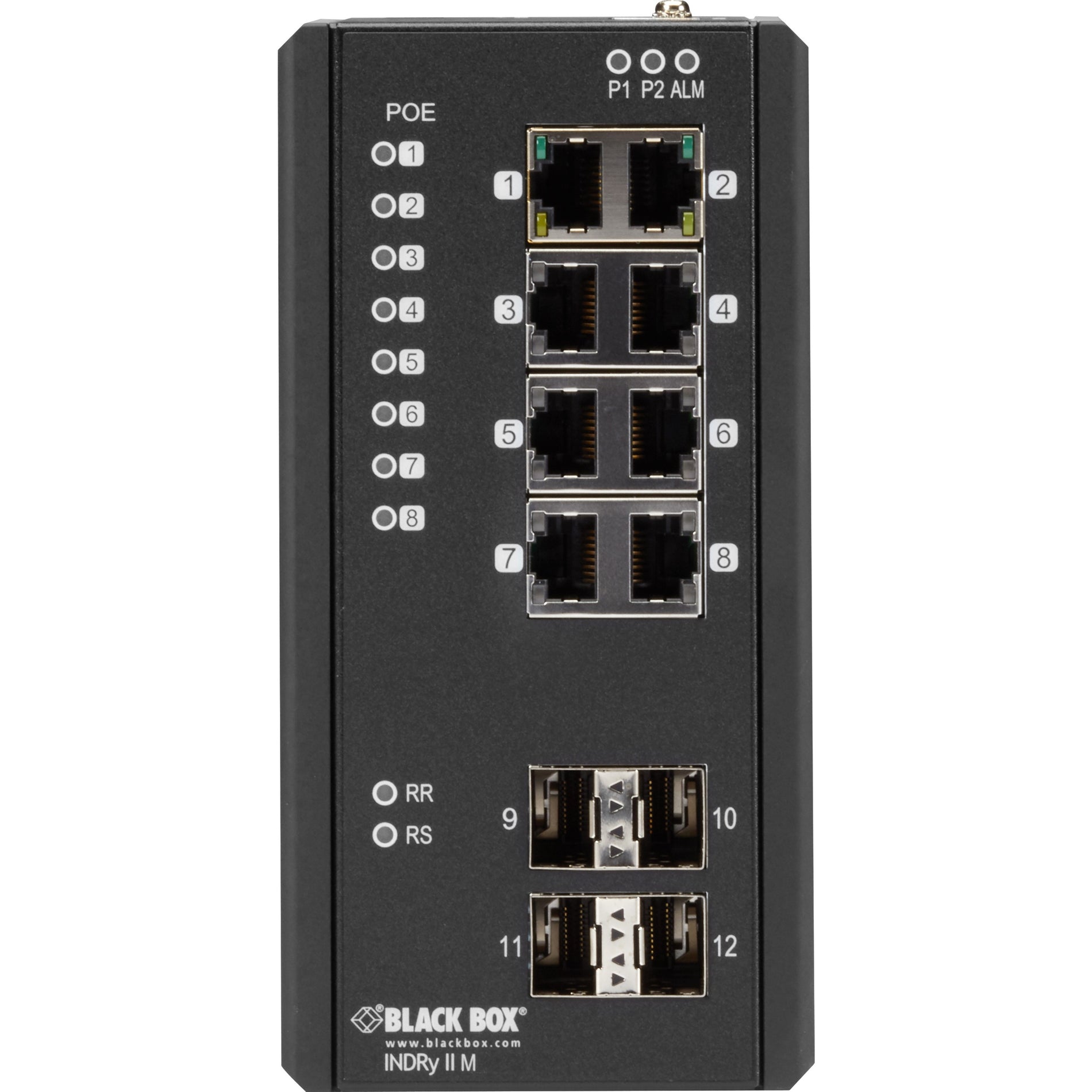 Black Box LIE1014A Industrial Managed Gigabit Ethernet PoE+ Switch - (8) RJ-45, (4) SFP, TAA Compliant, 1 Year Warranty