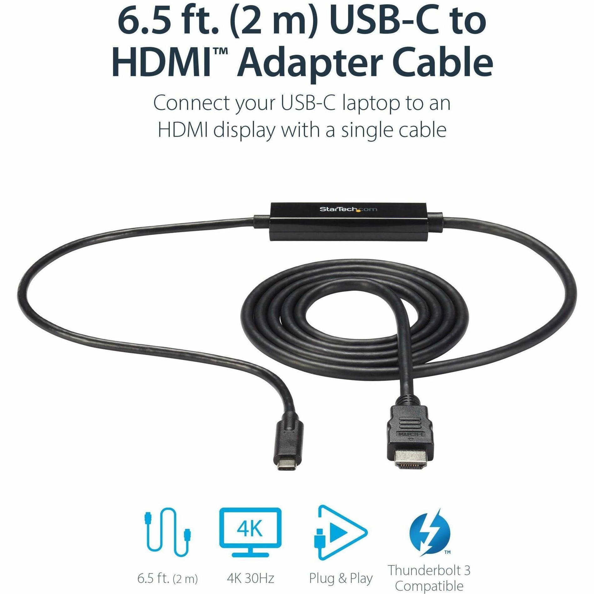 StarTech.com CDP2HDMM2MB USB-C to HDMI Adapter Cable - 2m (6 ft.) - 4K at 30 Hz, Plug & Play, Reversible