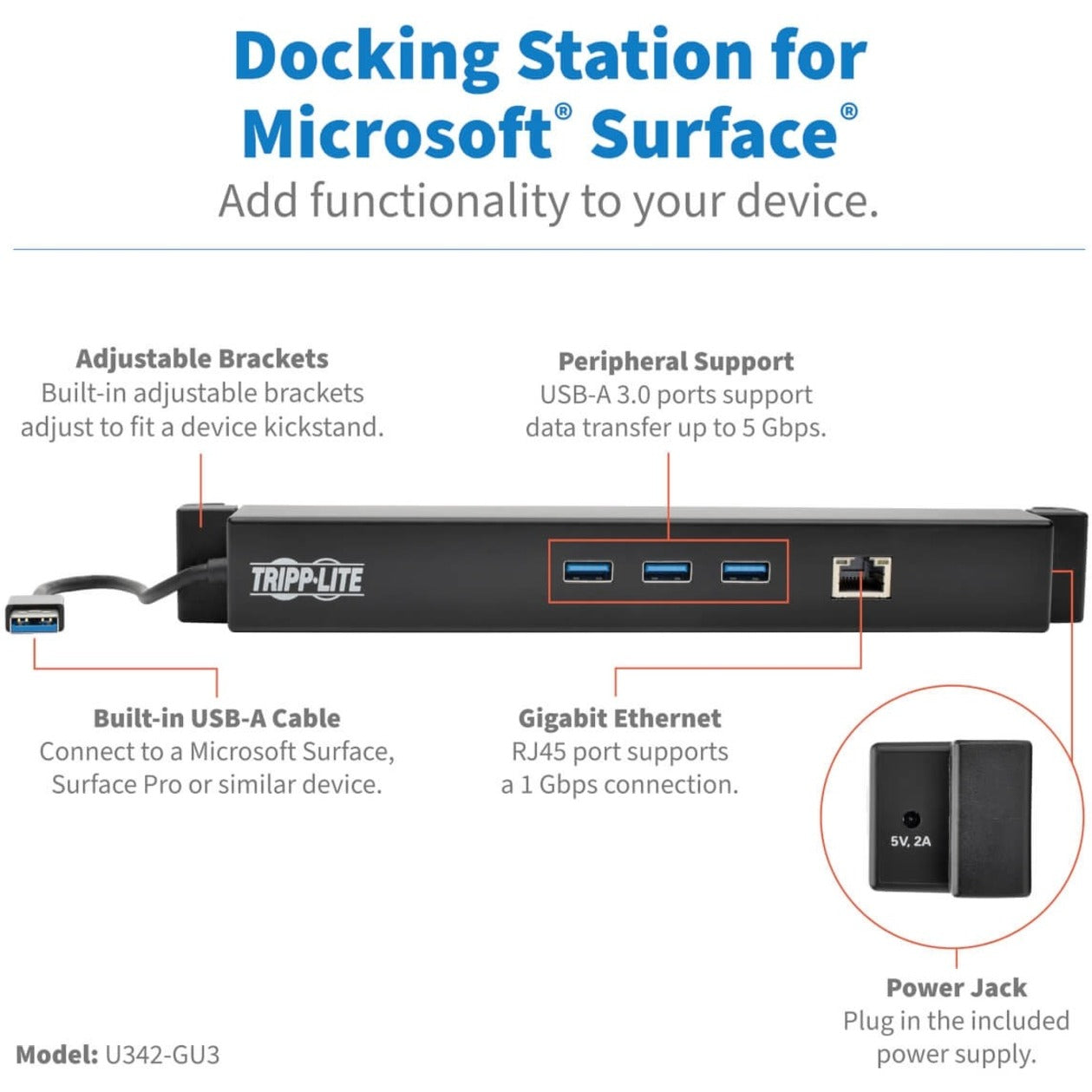 Tripp Lite U342-GU3 USB 3.0 Docking Station for Microsoft Surface and Surface Pro, USB-A and Gigabit