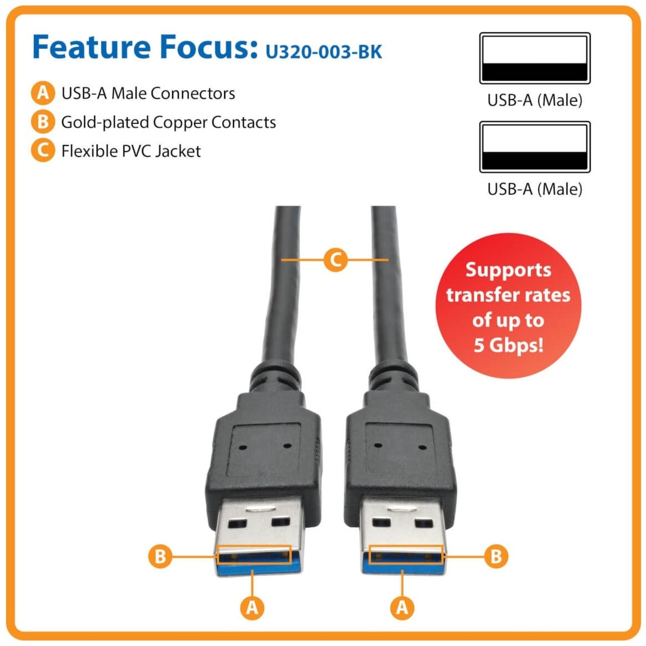 Tripp Lite U320-003-BK USB 3.0 SuperSpeed A/A Cable (M/M), Black, 3 ft.