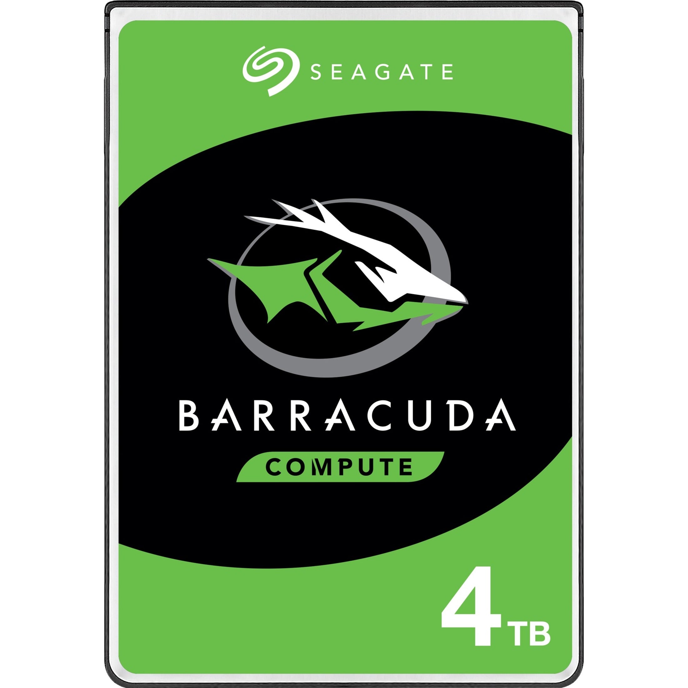 Seagate BarraCuda 4TB hard drive front view showing green and black product label with barracuda logo