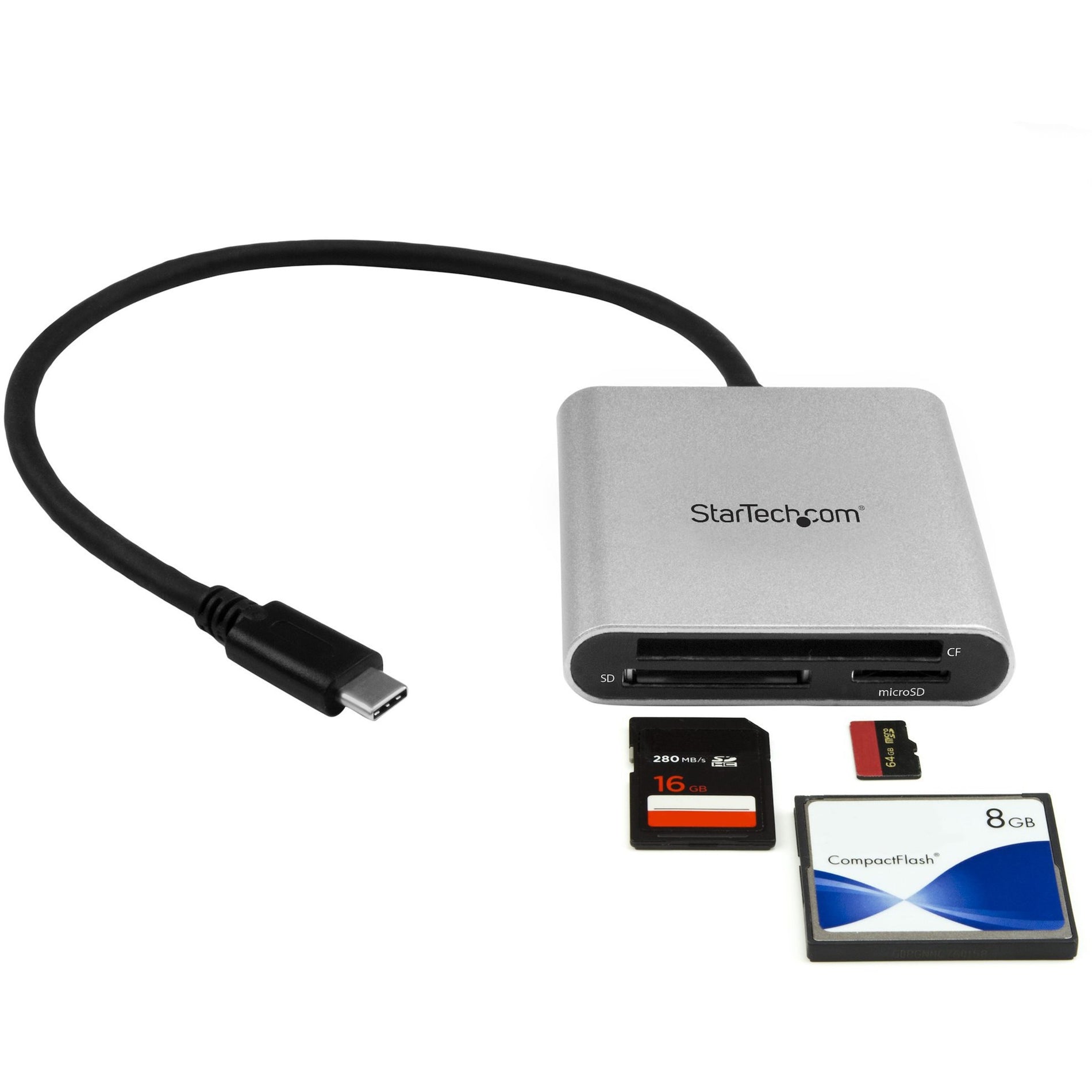 StarTech.com FCREADU3C Flash Reader, USB 3.0 Multi-Card Reader / Writer with USB-C - SD microSD and CompactFlash Card Reader w/ Integrated USB-C Cable