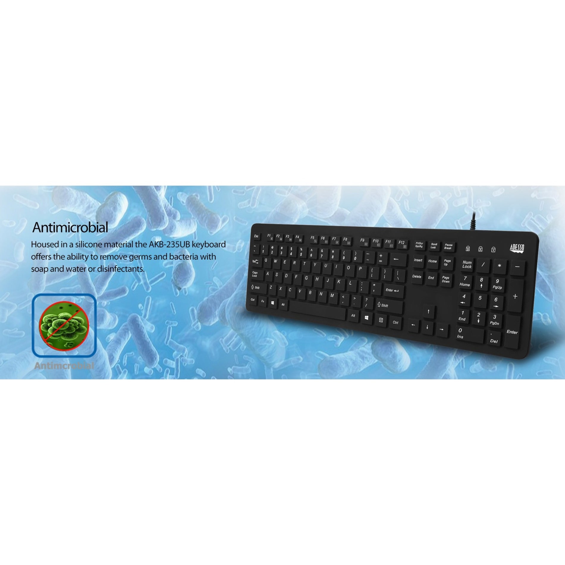 Adesso AKB-235UB Antimicrobial Waterproof Desktop Keyboard, Plug & Play, Spill Proof, Dust Resistant, Oil Resistant