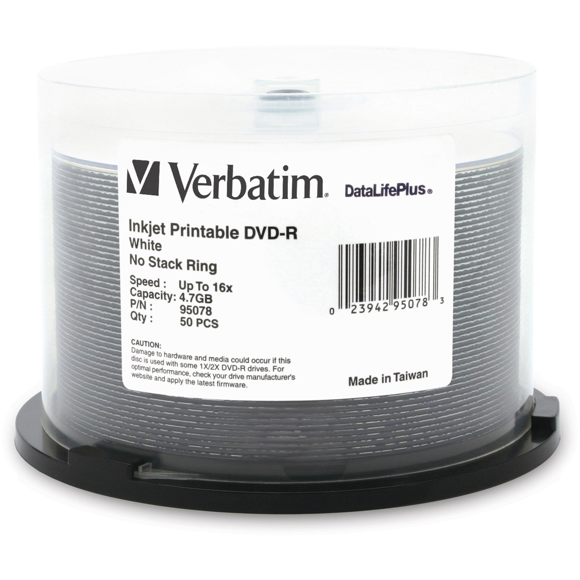 Verbatim 95078 DVD-R 4.7GB 16x DataLifePlus White Inkjet Printable 50 Pack Spindle, Lifetime Warranty