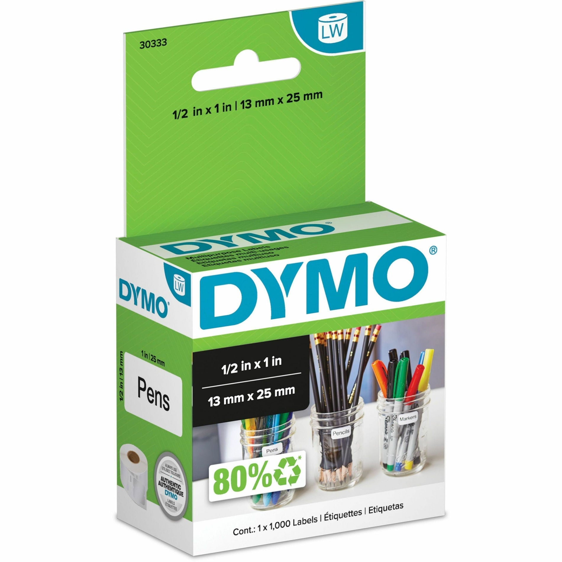 Dymo 30333 LW Multi-Purpose Labels 1/2" x 1", Black on White, 1000 Labels per Roll