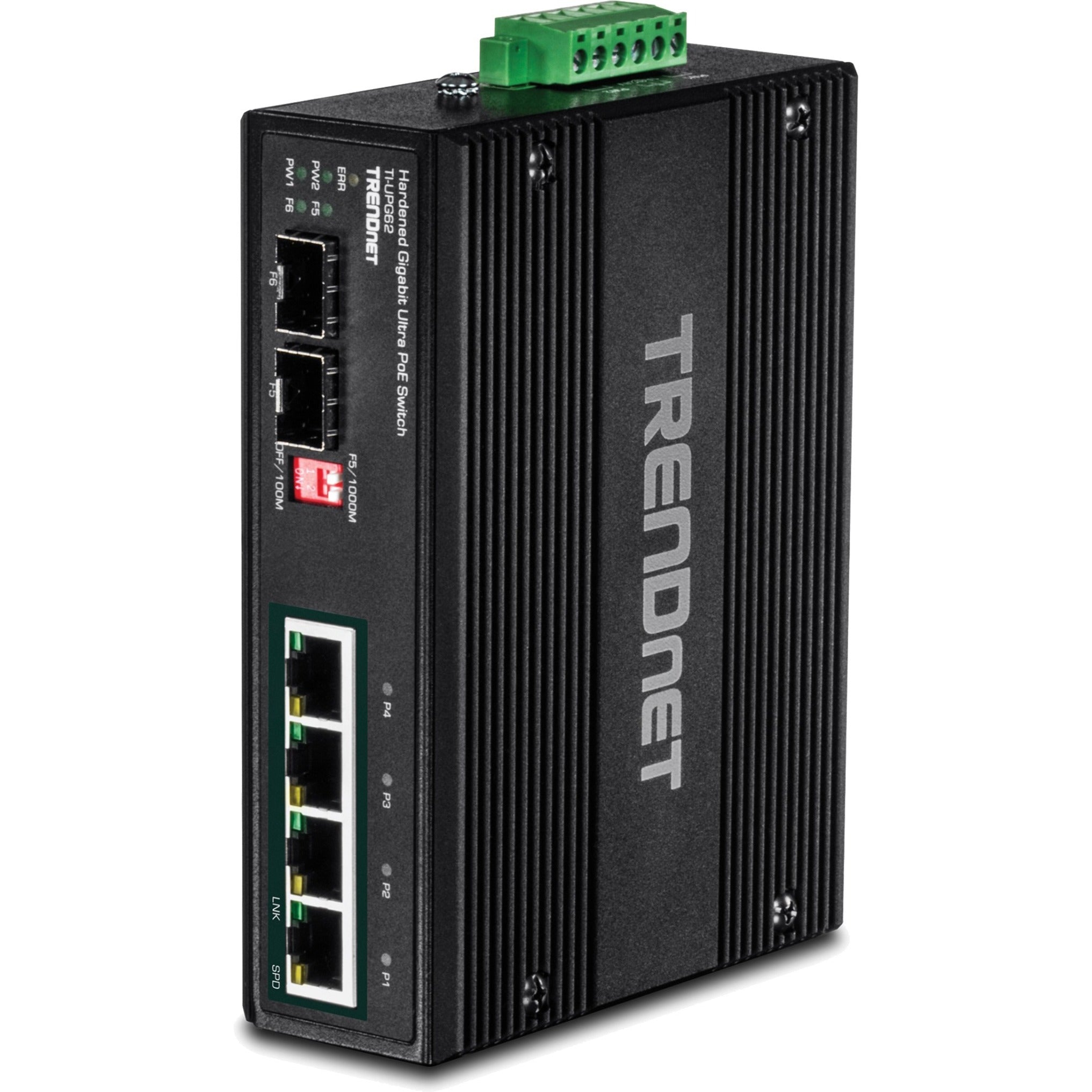 TRENDnet TI-UPG62 6-Port Hardened Industrial Gigabit Ultra PoE DIN-Rail Switch, Rugged Housing, 240W Power Budget