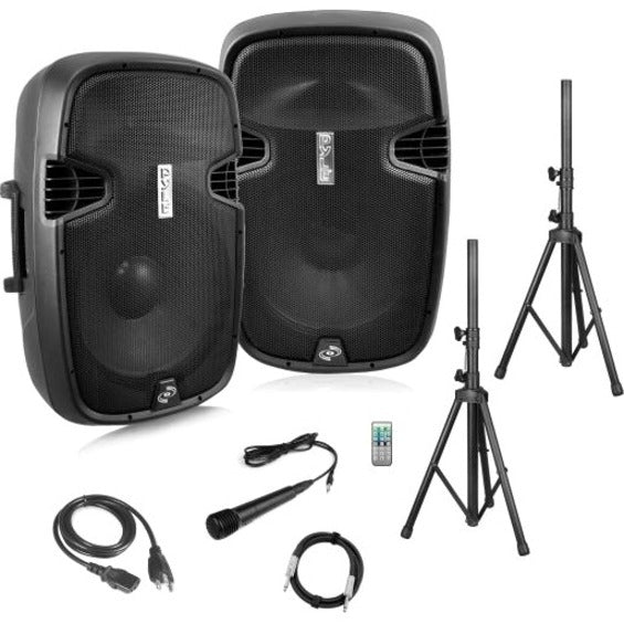 Pyle PPHP1249KT Active + Passive PA Speaker System Kit, 12'' Speakers, Speaker Stands, Wired Microphone, Remote Control
