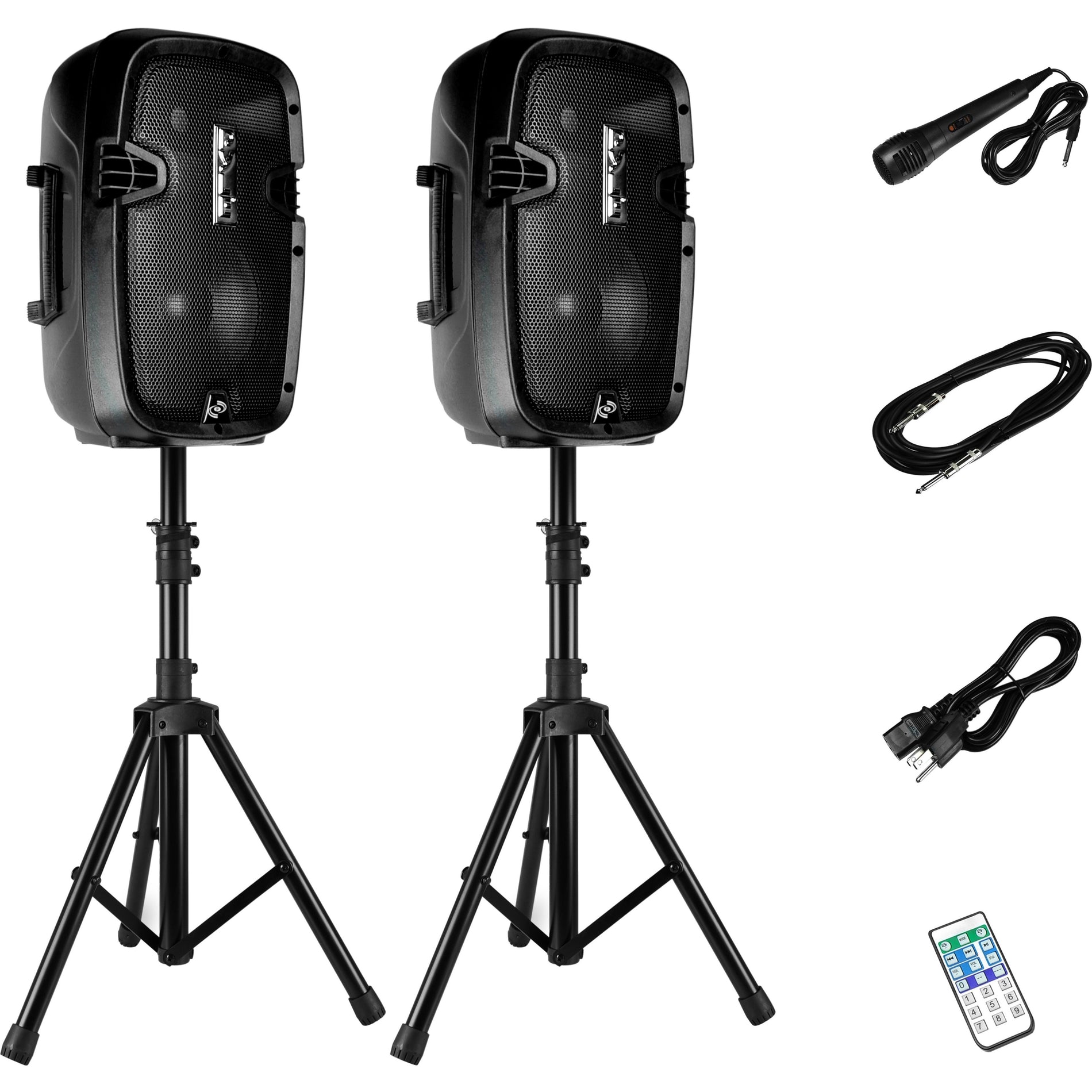 Pyle PPHP849KT Active + Passive PA Speaker System Kit, 8'' Speakers, Speaker Stands, Wired Microphone, Remote Control
