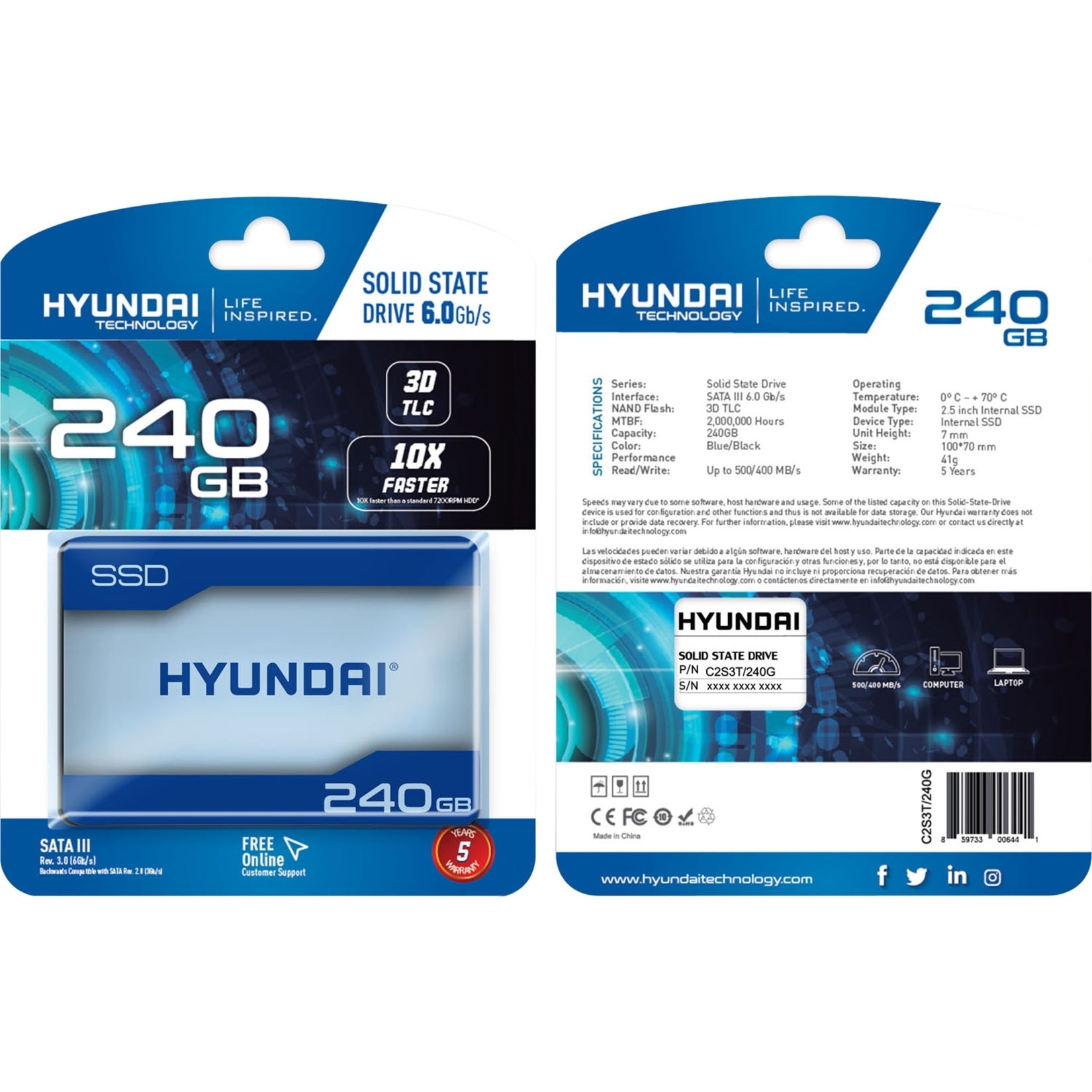 Hyundai C2S3T/240G Solid State Drive, 240GB SATA III TLC, 5 Year Warranty, 80 TB Endurance