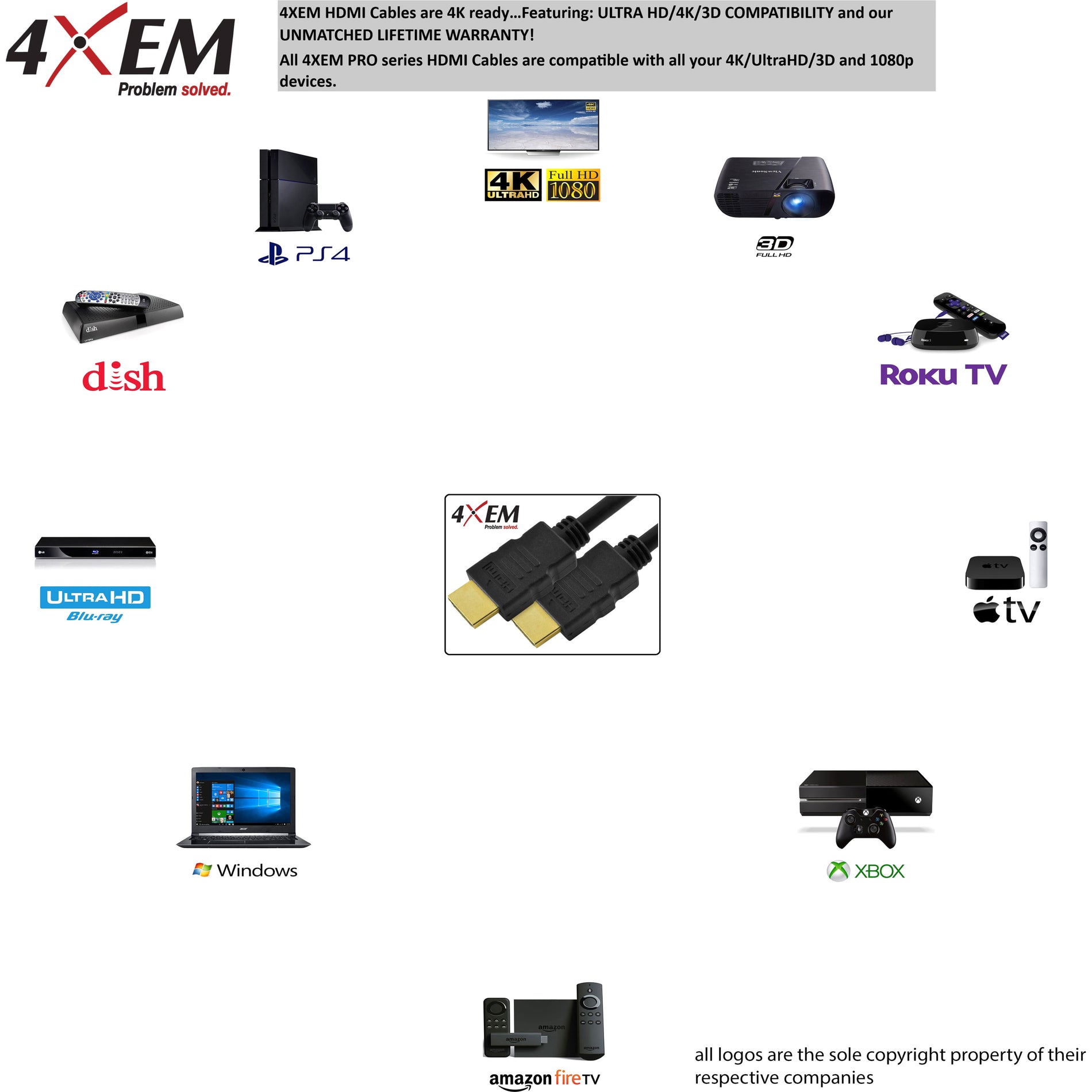 4XEM 4XHDMI4K2KPRO50 Professional Ultra High Speed 4K2K HDMI Cable, 50ft Length