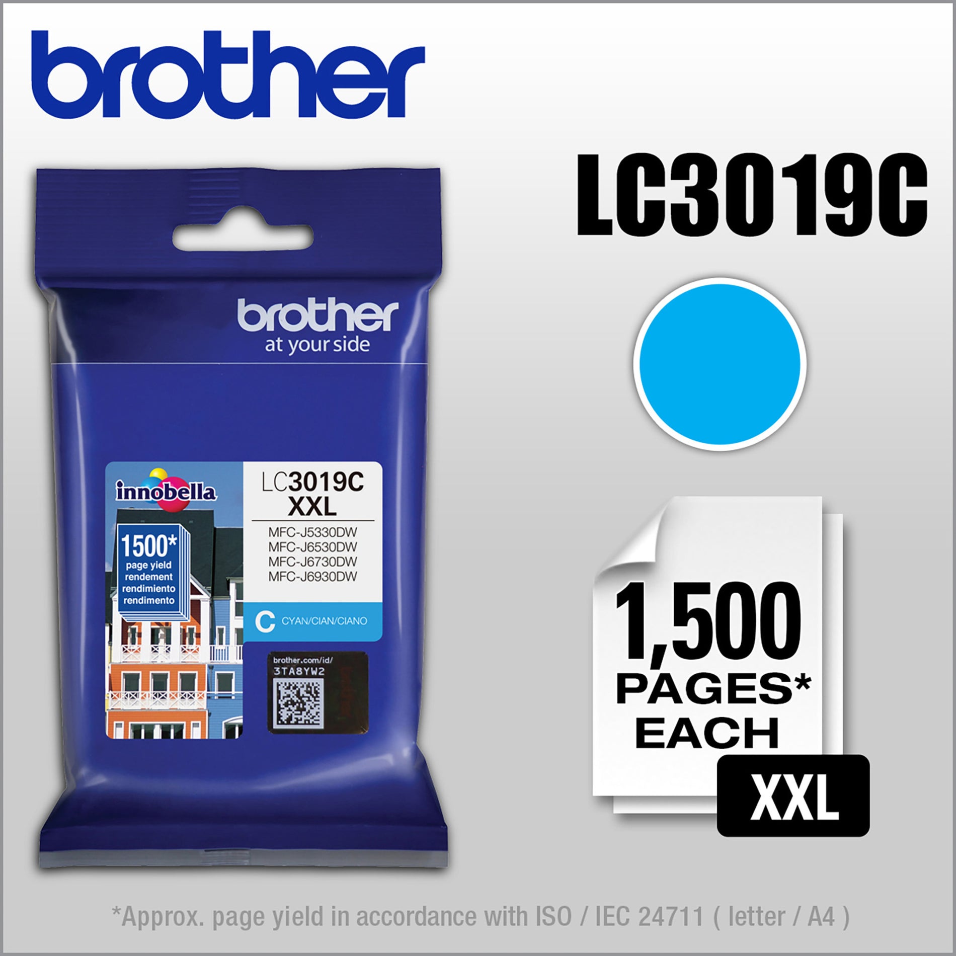 Brother LC3019C Innobella Super High Yield Cyan Ink Cartridge, 1500 Pages