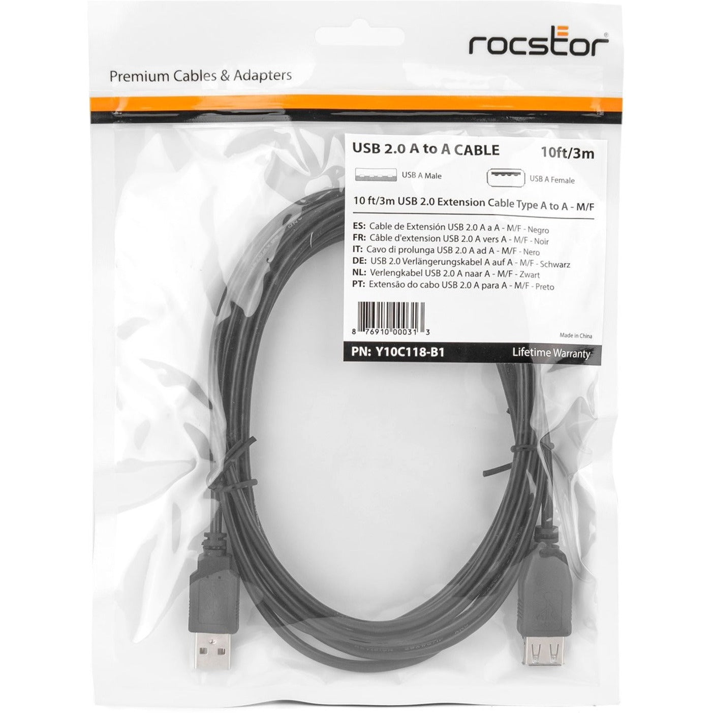 Rocstor Y10C118-B1 USB Extension Cable, 10ft, USB 2.0 Type A to Type A, Black