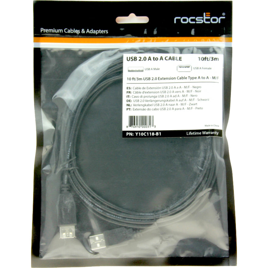Rocstor Y10C118-B1 USB Extension Cable, 10ft, USB 2.0 Type A to Type A, Black