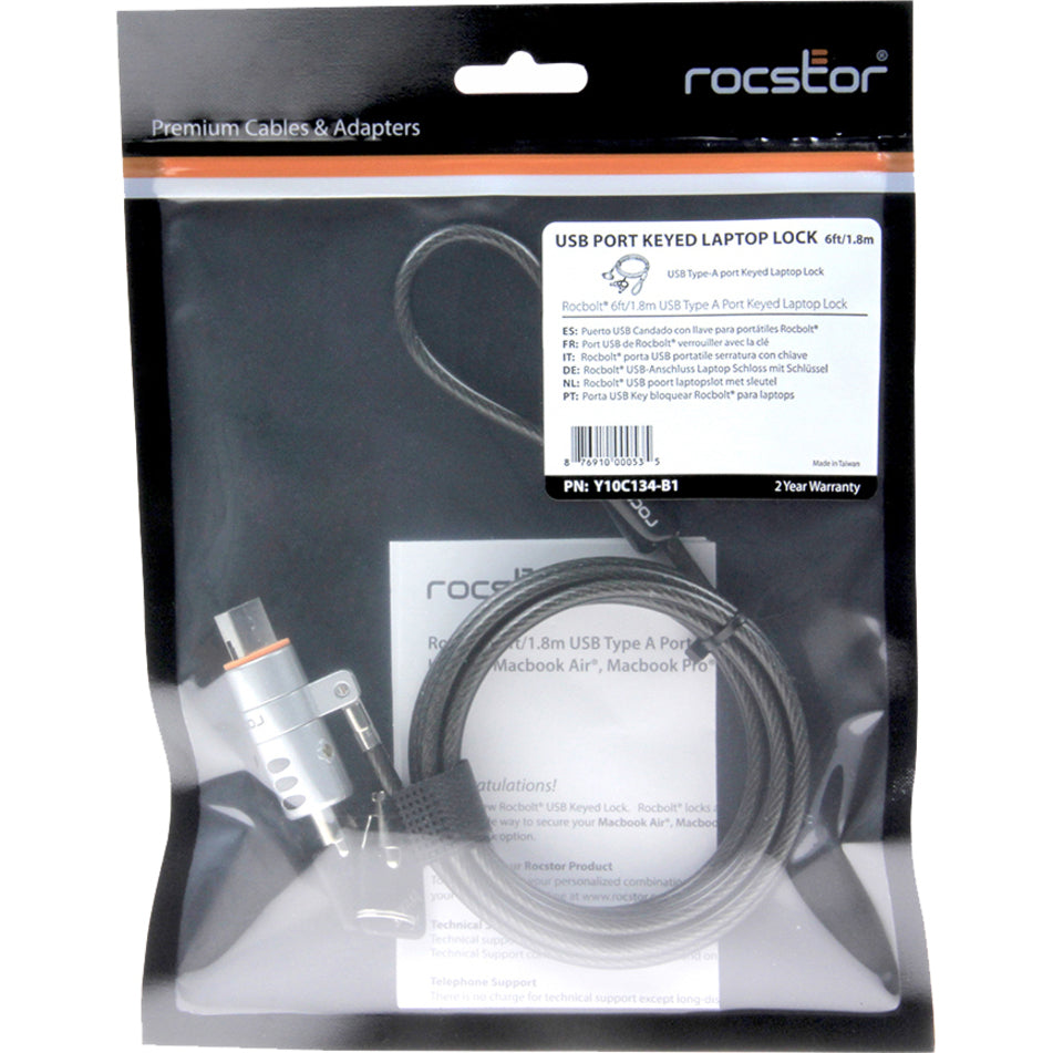 Rocstor Y10C134-B1 Rocbolt Cable Lock, 6 ft Key Lock for MacBook Pro/Mac Pro