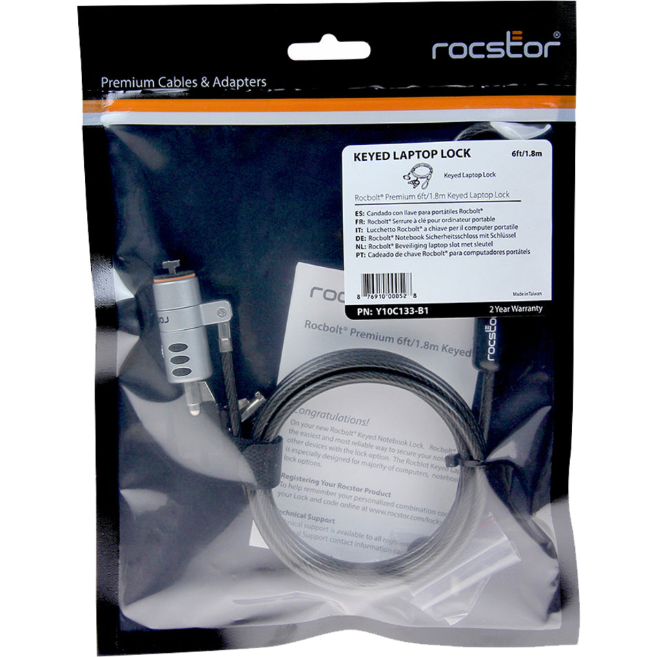 Rocstor Y10C133-B1 Rocbolt Portable Security Cable With Key Lock and (2) Keys, 6 ft Length