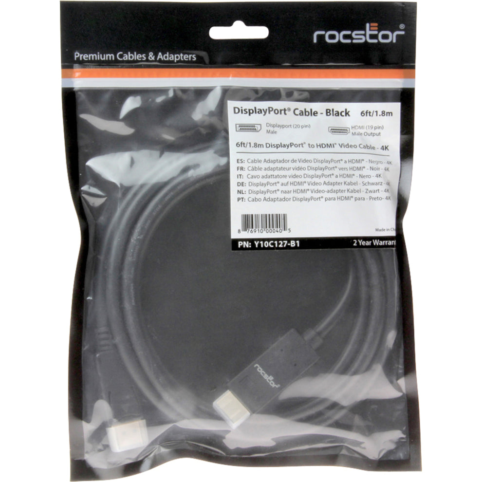 Rocstor Y10C127-B1 Premium DisplayPort to HDMI Converter Cable - 6 ft 4K, HDMI Male to DisplayPort Male