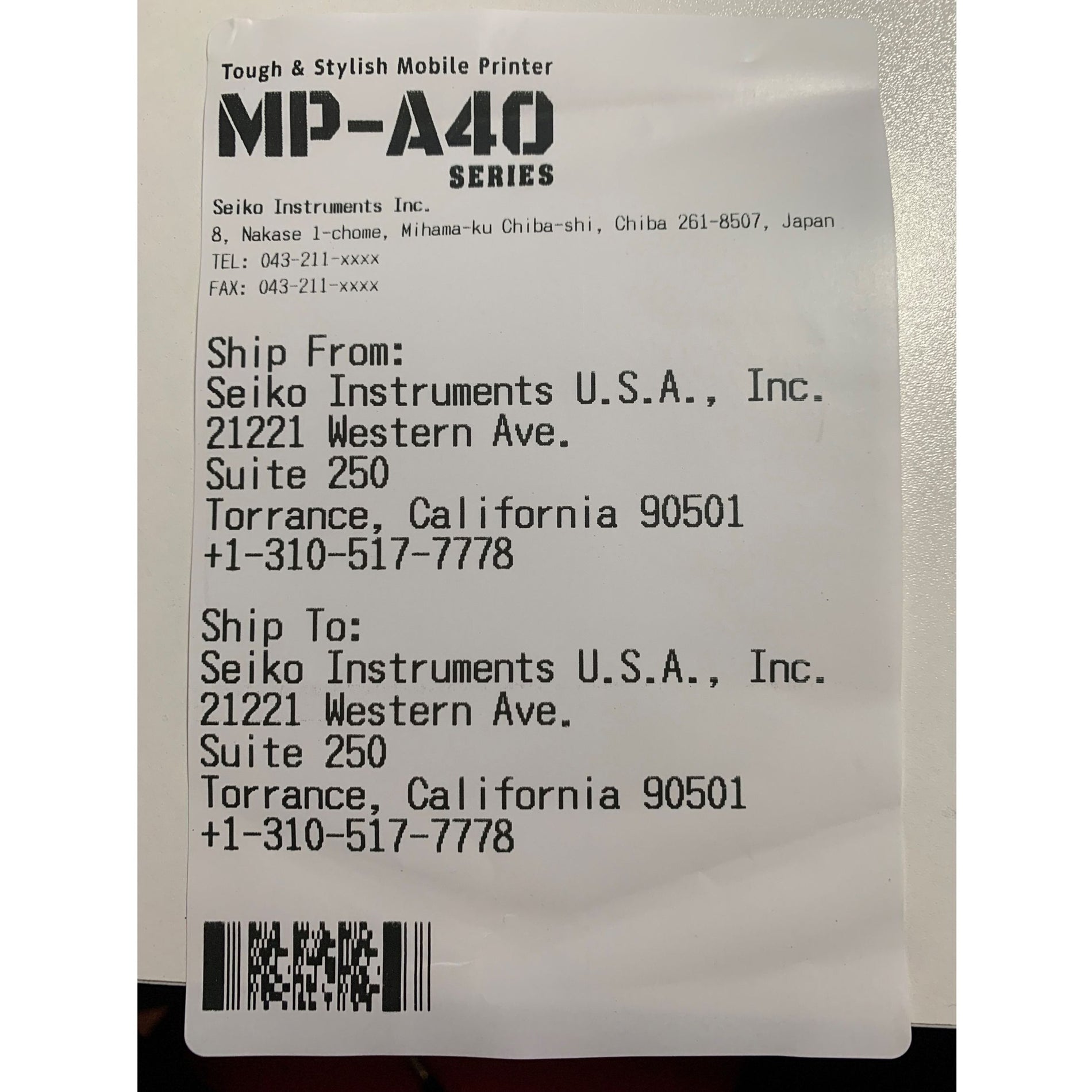 Seiko MP-A40-BT-00A MP-A40 Direct Thermal Label Printer, Bluetooth, Portable