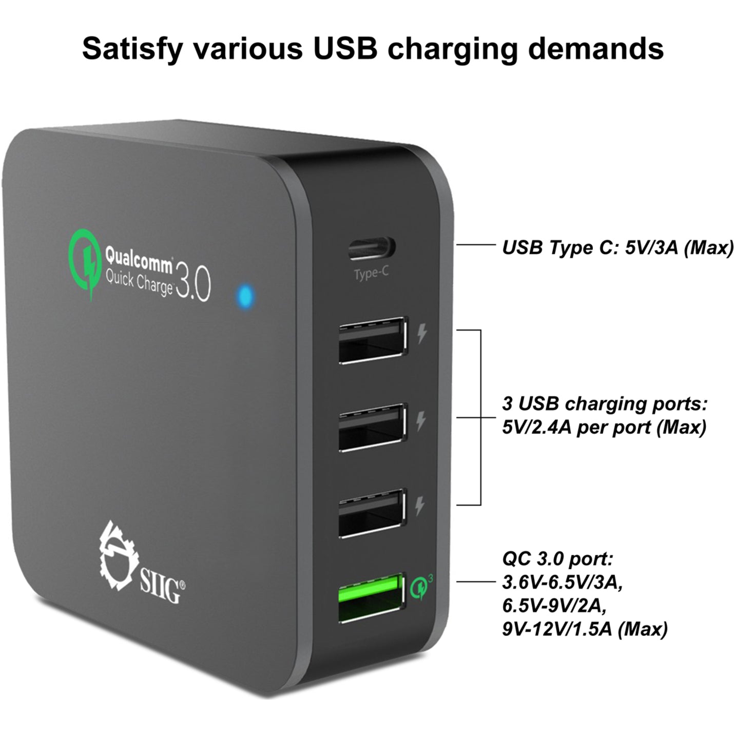 SIIG AC-PW1714-S1 5-Port Smart USB Charger plus Organizer Bundle with QC3.0 & USB-C, Fast Charging for Multiple Devices