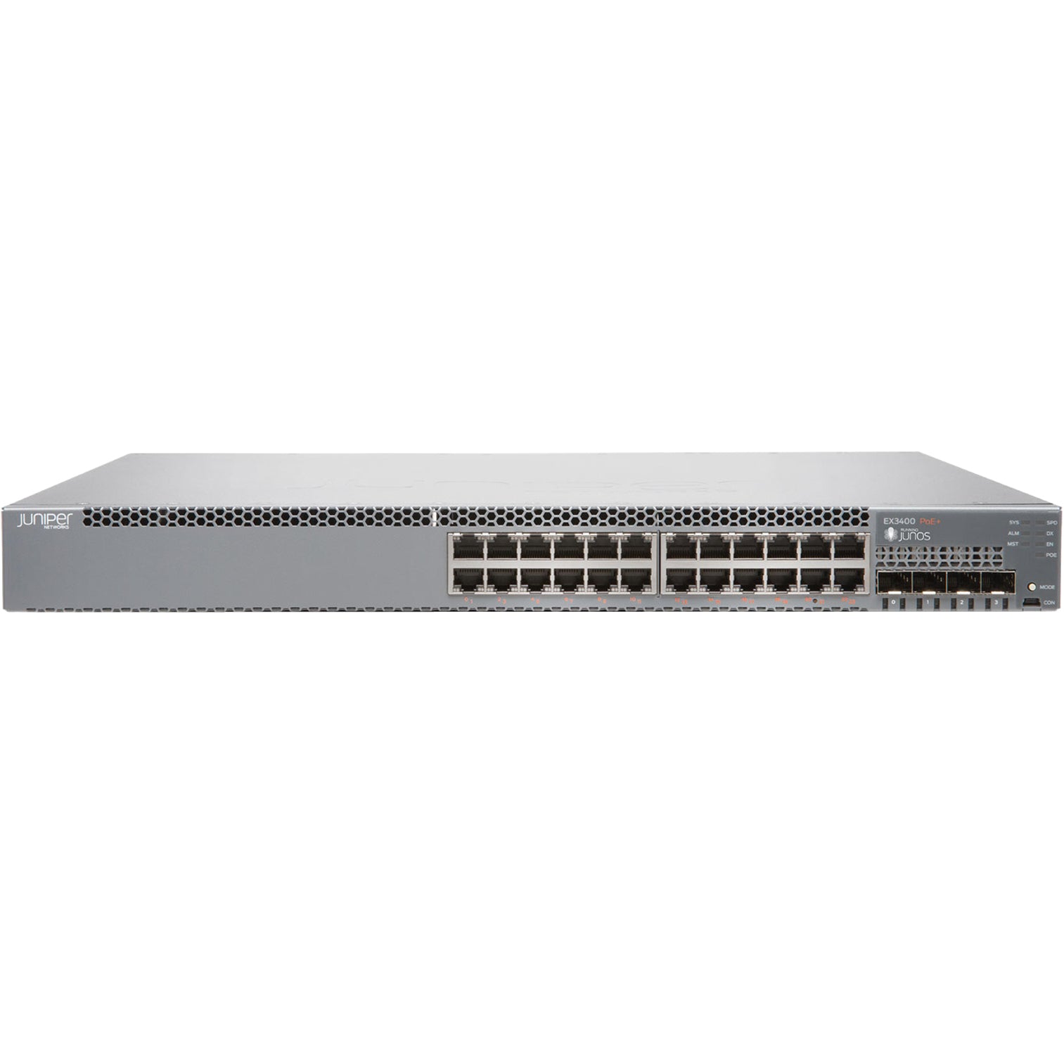 Juniper EX3400-24P-TAA EX3400-24P Layer 3 Switch, 24 Gigabit Ethernet Ports, 2 Uplink Ports, 4 Expansion Slots