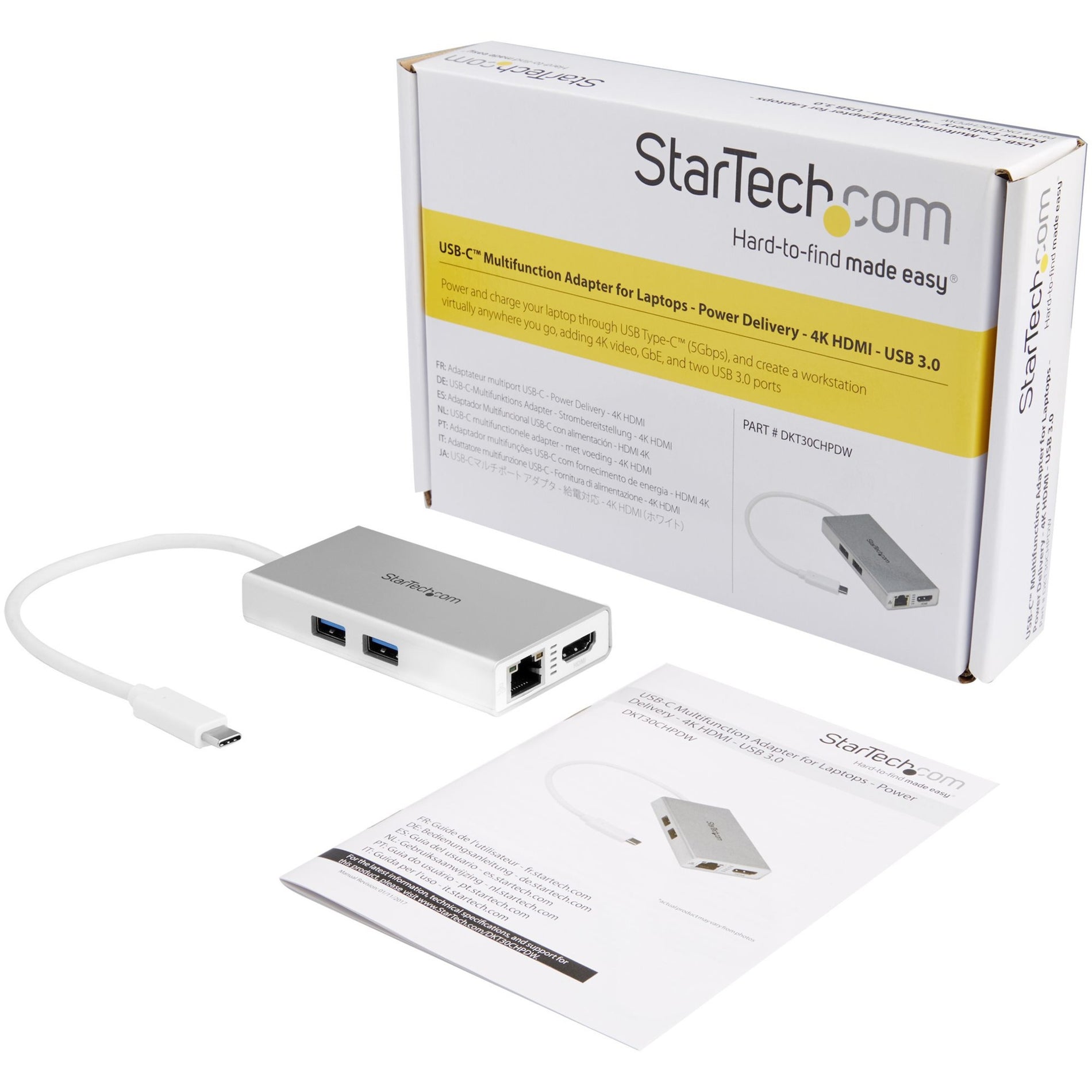 StarTech.com DKT30CHPDW USB-C Multiport Adapter for Laptops - Power Delivery - 4K HDMI - GbE - USB 3.0 - Silver & White, Portable USB-C Adapter