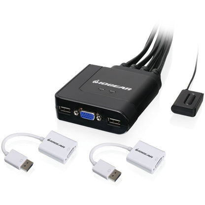 IOGEAR 2-port KVM switch with DisplayPort adapters showing USB ports and VGA connection-alternate-image1