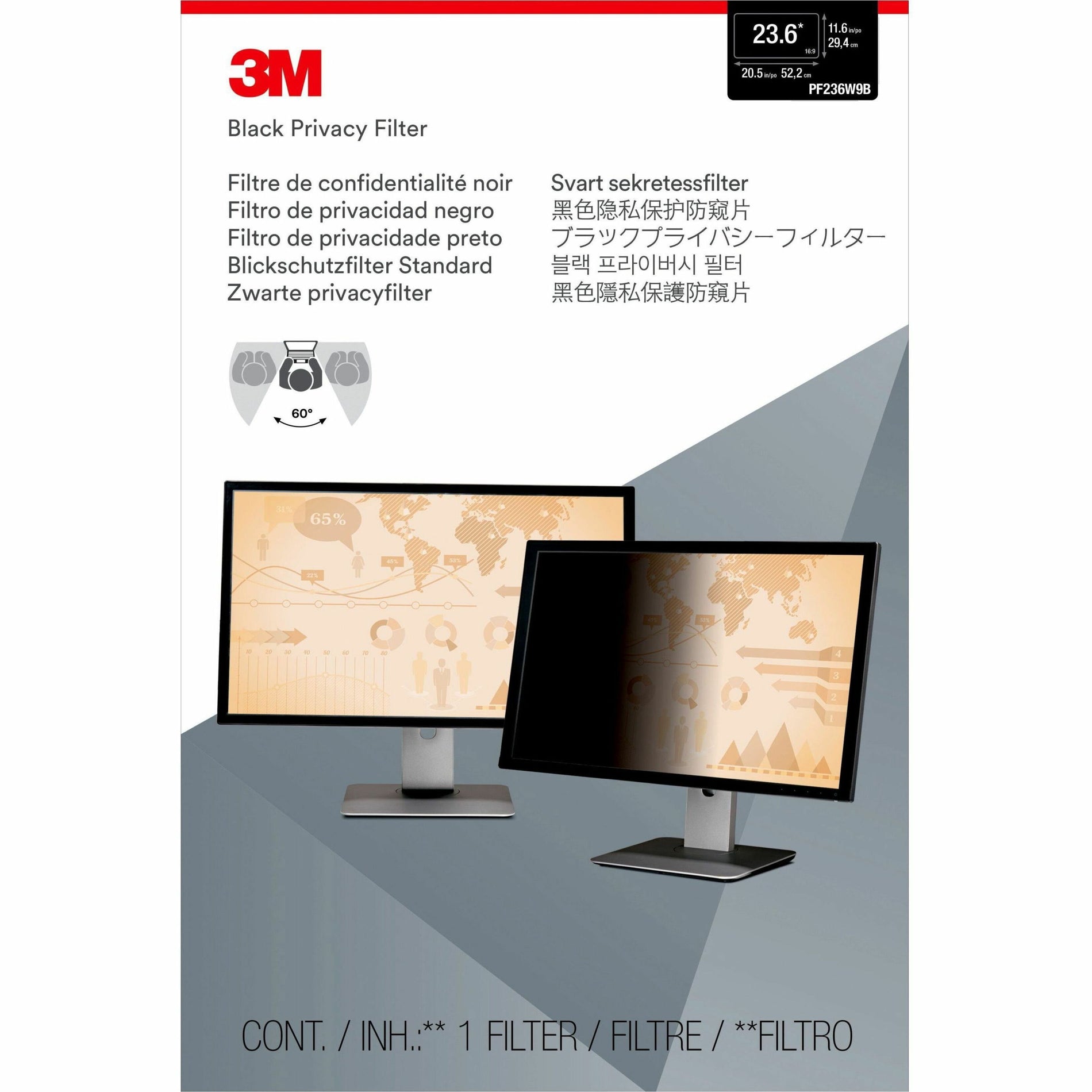 3M PF236W9B Privacy Filter for 23.6" Wide-screen Monitors, 16:9, Easy to Apply, Easy Clean, Limited Viewing Angle, Matte Black
