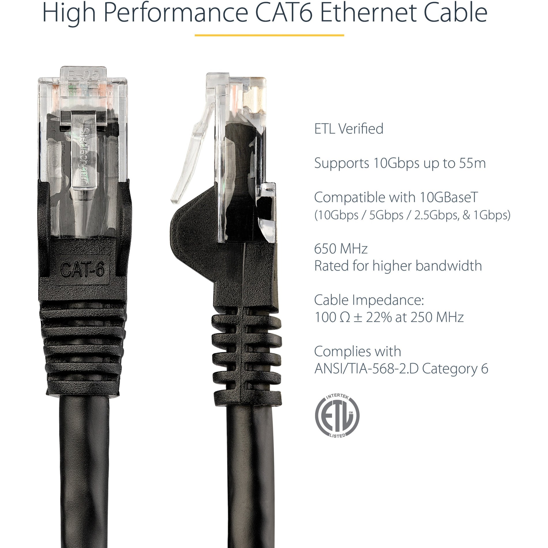 StarTech.com N6PATCH150BK Cat6 Patch Cable, 150ft Black Ethernet Cable, Snagless RJ45 Connectors