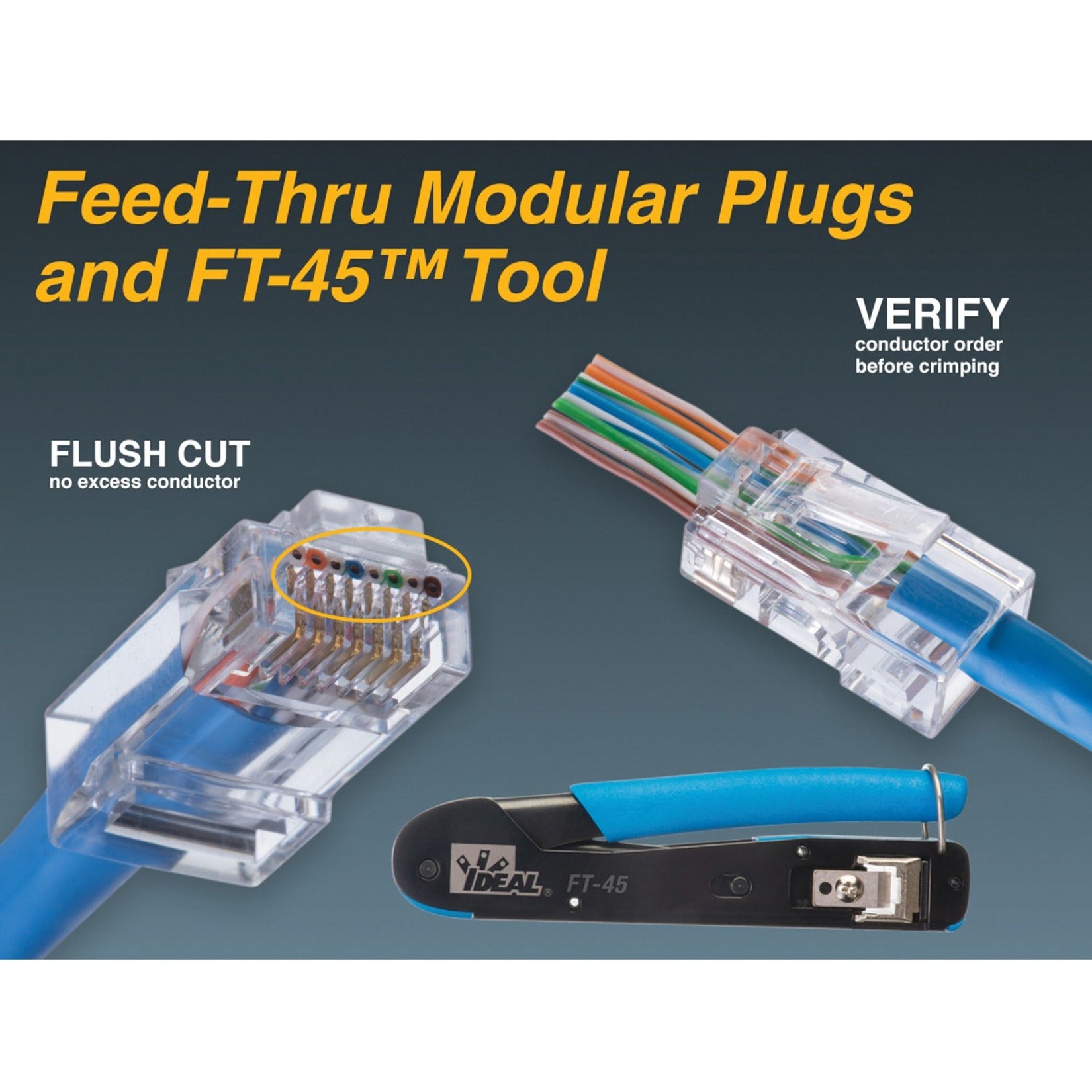 IDEAL 85-377 CAT6 Feed-Thru RJ-45 Modular Plugs 100/Bag, Network Connector with Strain Relief