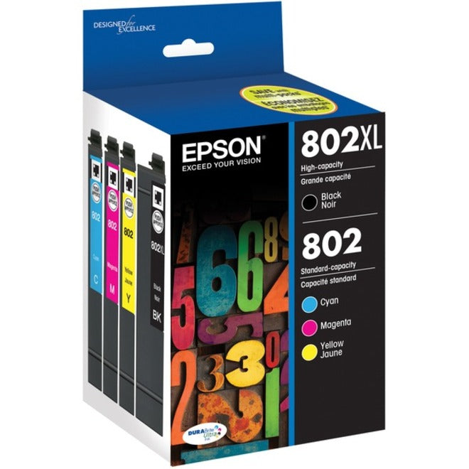 Epson T802XL-BCS DURABrite Ultra Black and Color Ink Cartridges, 4-Pack
