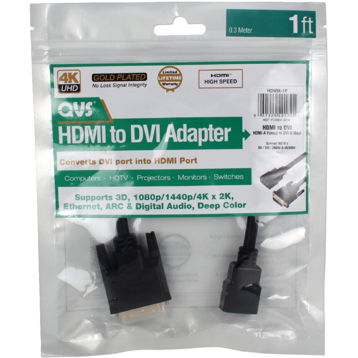 QVS HDVIX-1F 1ft DVI Male to HDMI Female 4K UltraHD Conversion Adaptor Cable, Audio Return Channel (ARC)