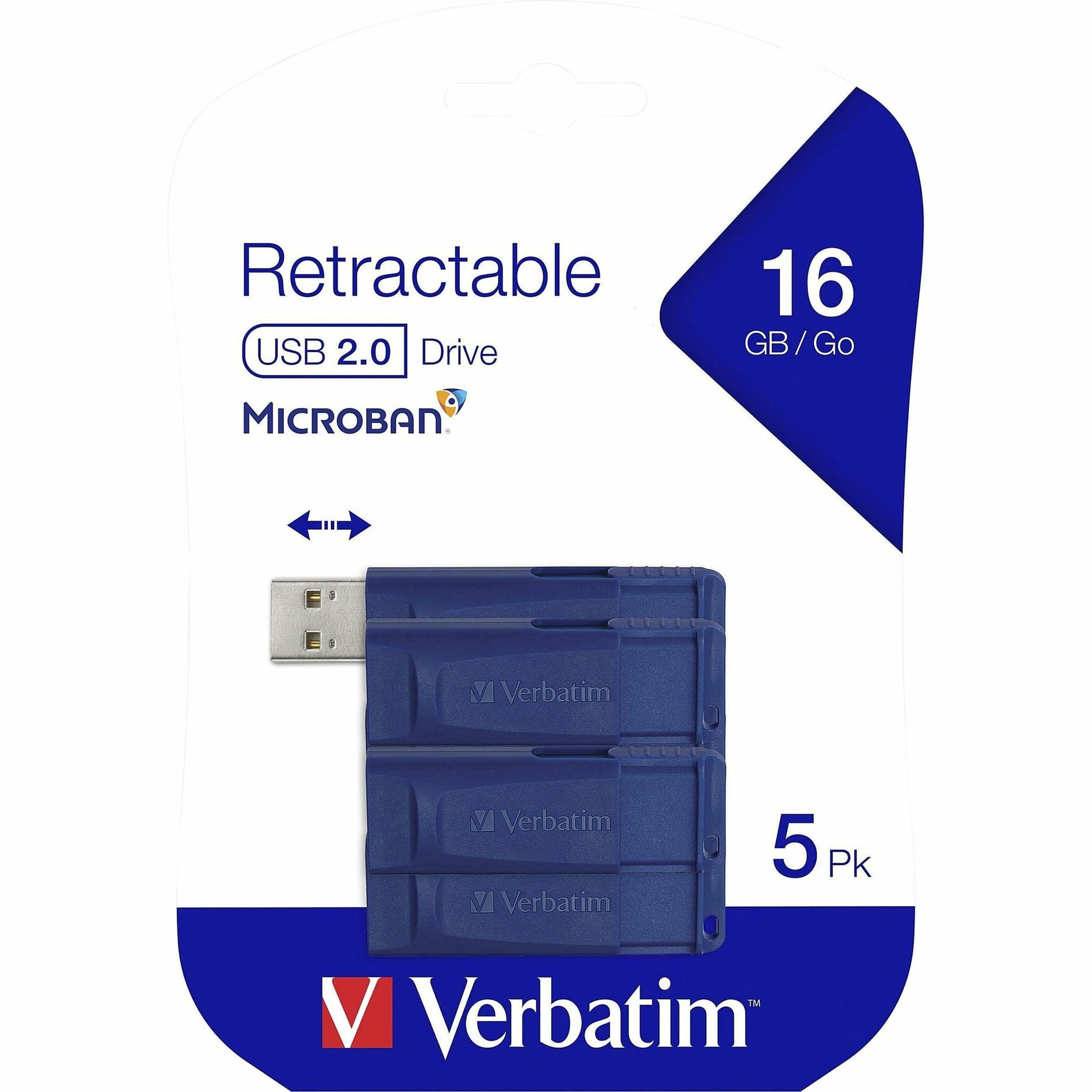 Microban 99810 16GB USB Flash Drive 5pk Blue, Capless, Antimicrobial, Retractable